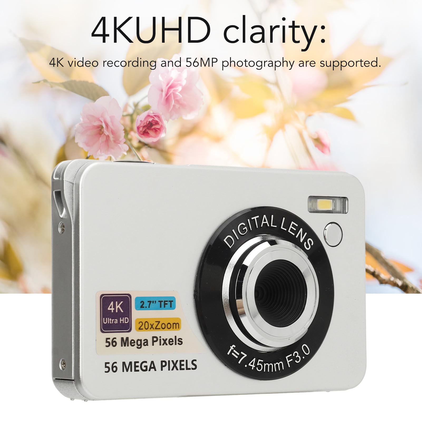 4K 56MP Digital Camera with 20X Zoom & Autofocus - Compact HD Vlogging Camera for Travel, Photography - Perfect for Teens, Boys & Girls (Silver) - Capture Adventures, Family Moments & Social Media Content