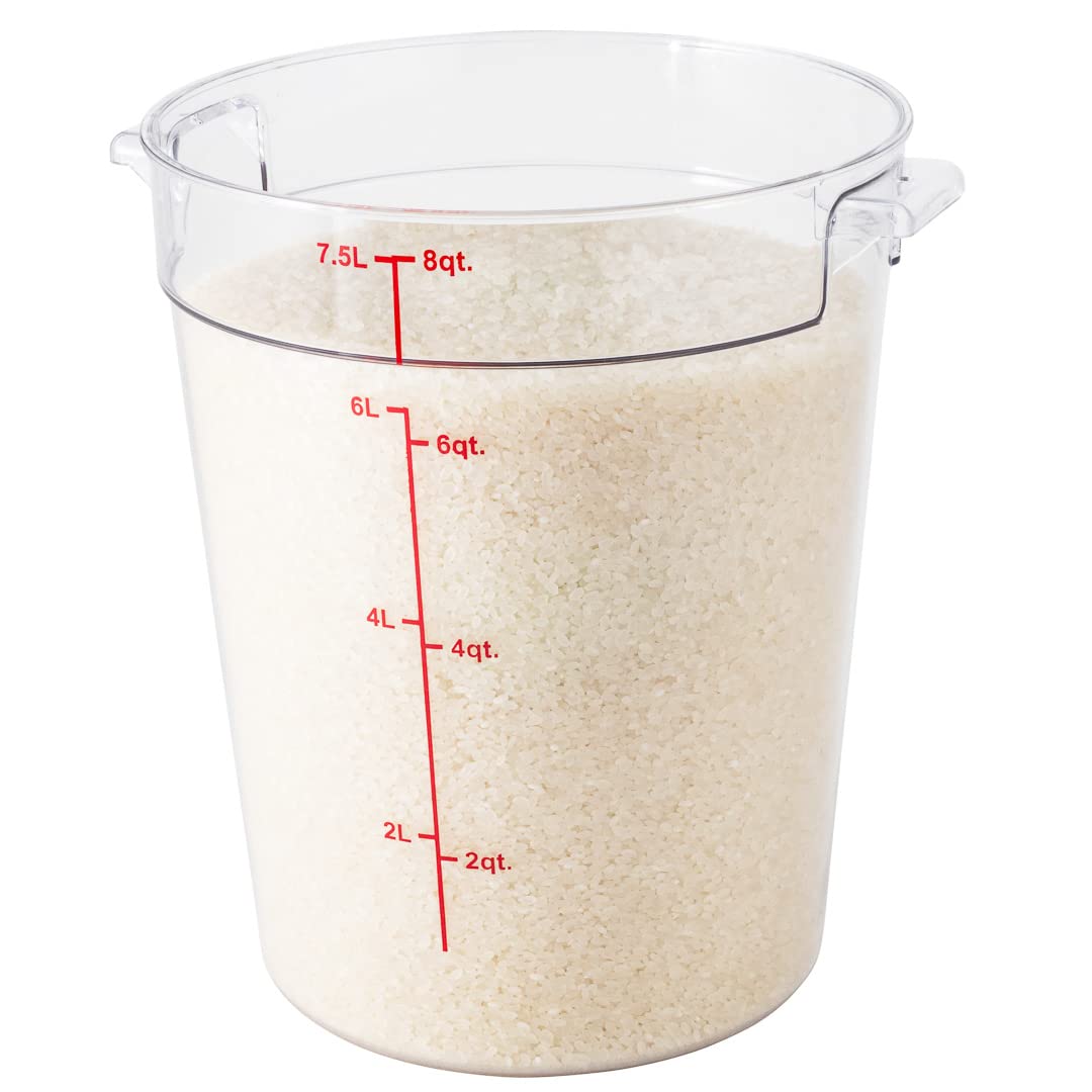 Restaurantware Met Lux 8 Quart (7.6L) Clear Plastic Food Storage Containers - 10-Pack Round Commercial Food Prep Buckets with Volume Markers, Lids Sold Separately | Space-Saving Kitchen Organization for Restaurants, Catering & Bulk Food Storage