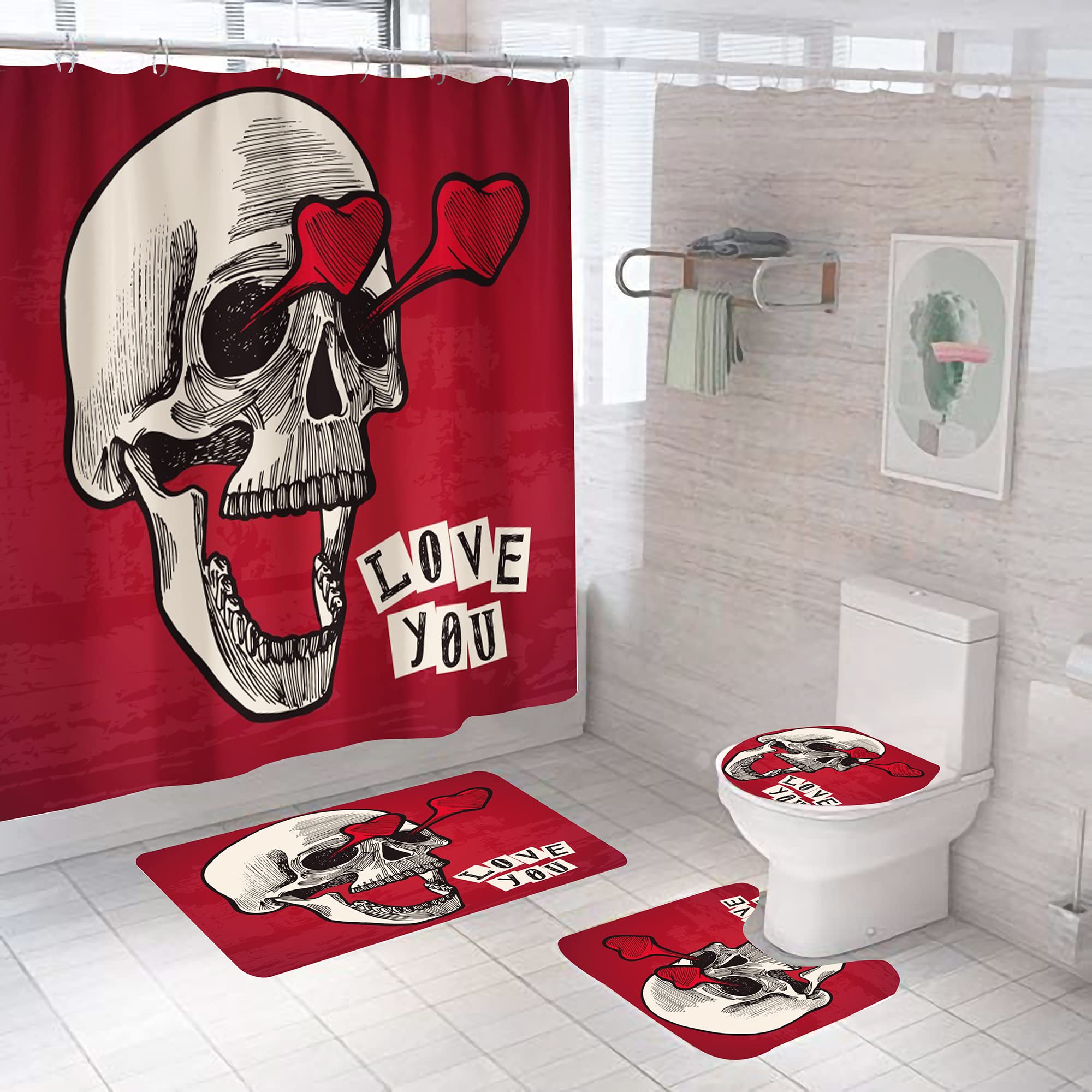Gothic Sugar Skull Shower Curtain Set with Matching Bath Rugs - 4 Piece Halloween Bathroom Decor for Spooky Skeleton Themed Restroom (Red) | Perfect for Halloween Party Decorations, Horror Themed Bathrooms & Gothic Home Decor