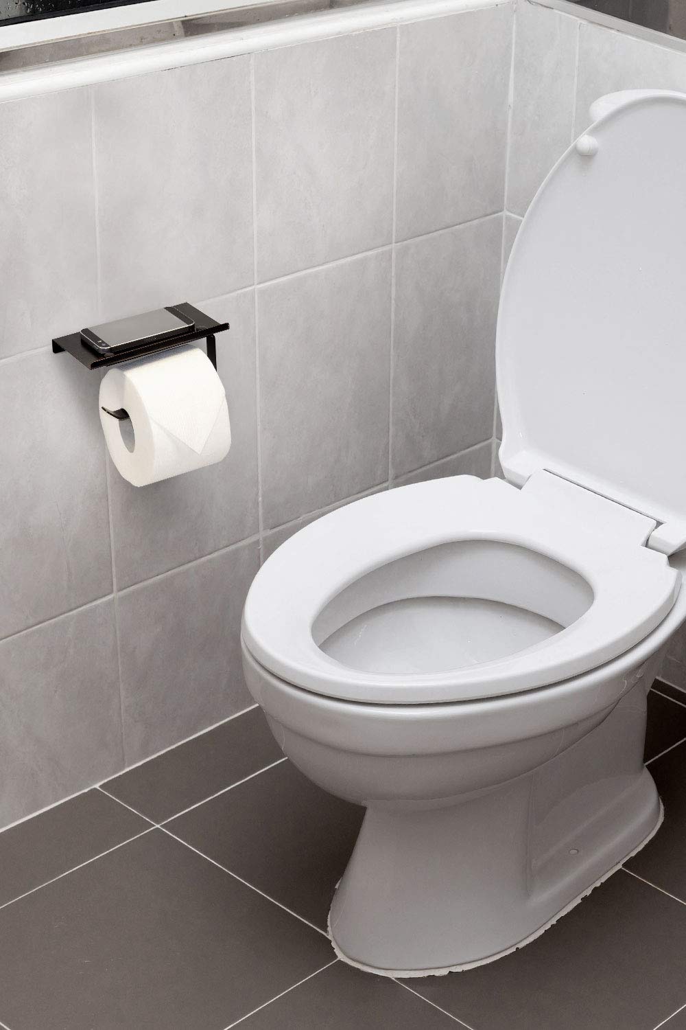 Modern Reversible Toilet Paper Holder with Phone Shelf - Oil Rubbed Bronze Bathroom Organizer for Small Spaces | Perfect for Bathrooms, Powder Rooms & RVs