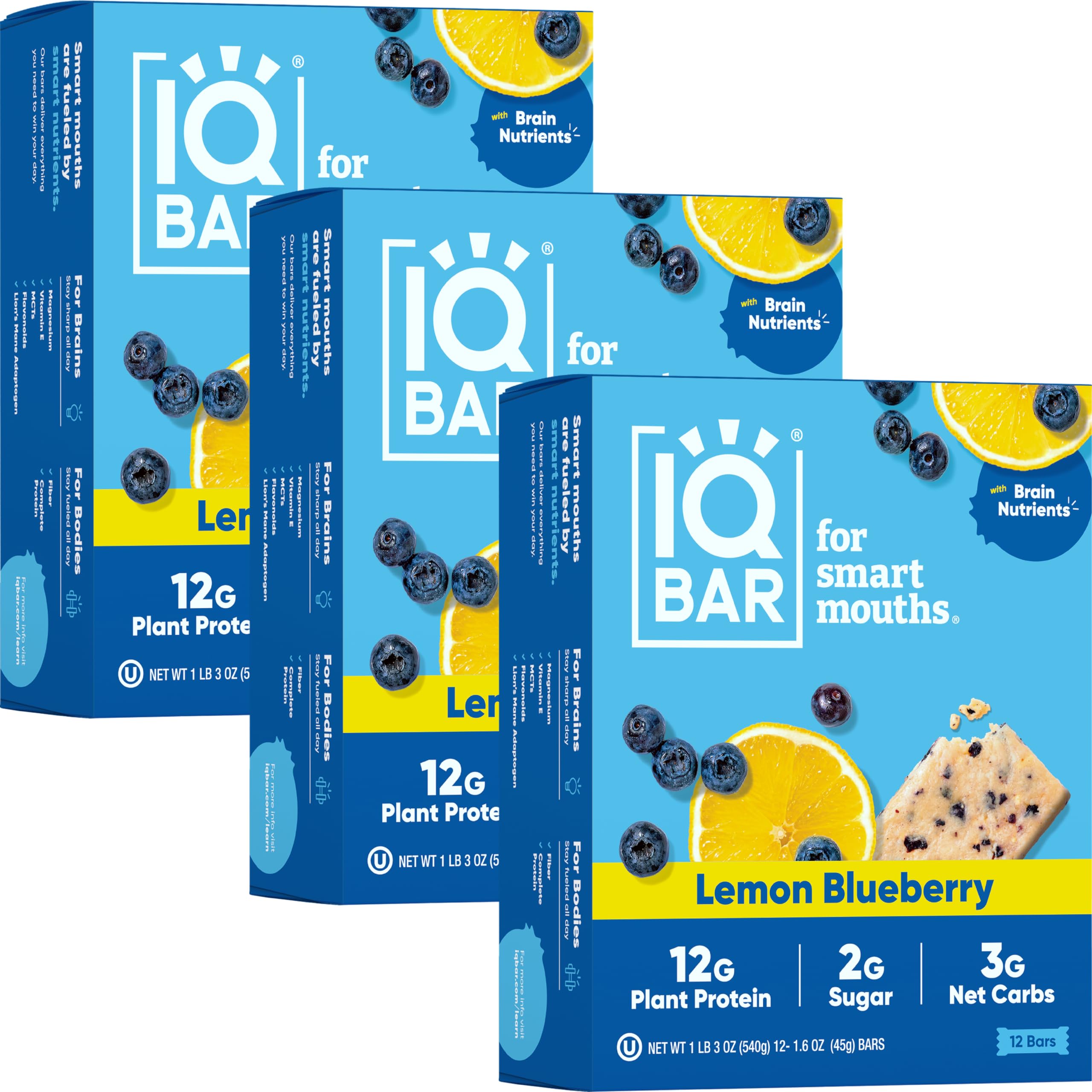 IQBAR Brain and Body Plant Protein Bars - Lemon Blueberry (36 Count) | Low Carb, Gluten Free, High Fiber Vegan Snacks | Keto Friendly Meal Replacement for Workout Recovery, Office Snacking & On-the-Go Nutrition