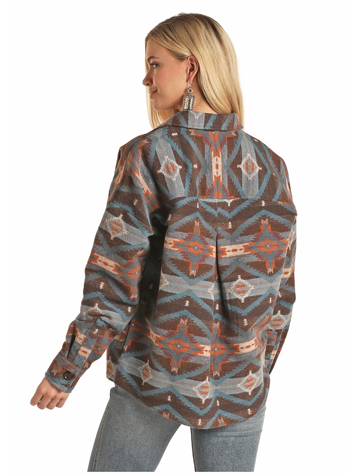 Panhandle 52 2048 Juniors Aztec Print Boyfriend Fit Shirt Jacket Brown | Stylish Casual Outerwear for Teens | Perfect for School, Shopping & Weekend Outings