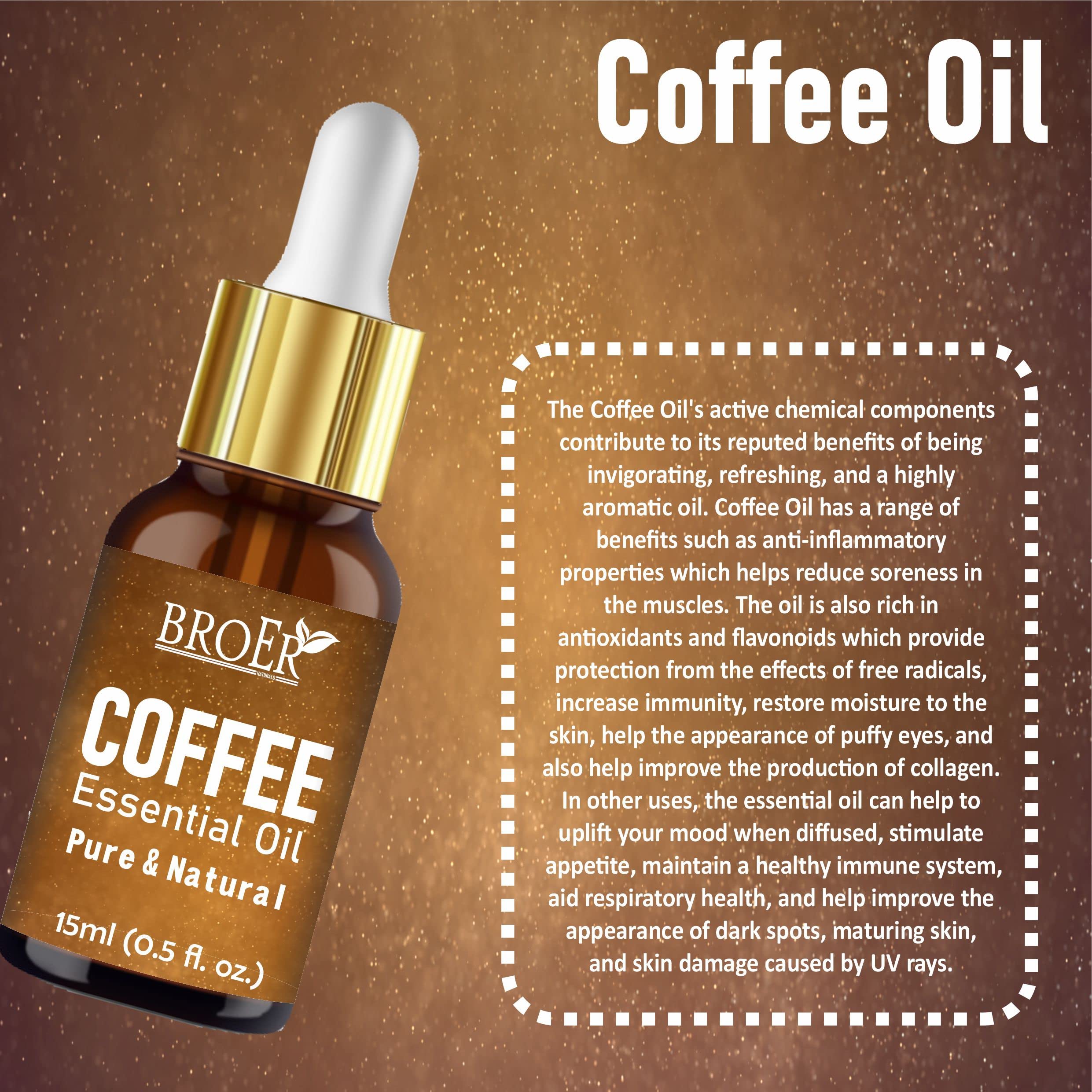 BROER Naturals 100% Pure Coffee Essential Oil - Therapeutic Grade for Hair Growth, Skin Care & Aromatherapy - Undiluted Natural Oil (15ml) - Perfect for Massage, Diffuser & DIY Beauty Products