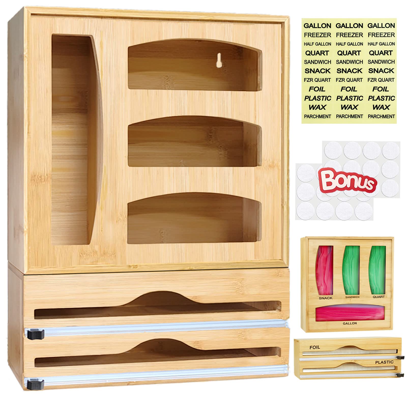 Upgraded 6-in-1 Bamboo Drawer Organizer for Aluminum Foil, Plastic Wrap & Ziplock Bags - Includes Wrap Cutter & Storage for Gallon, Quart, Sandwich & Hamburger Bags - Perfect for Kitchen, Pantry & Food Prep Organization