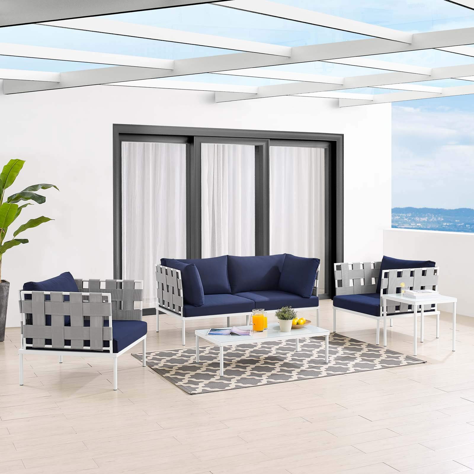 Modway EEI-4925 5-Piece Outdoor Patio Furniture Set - Aluminum Frame with Sunbrella Gray & Navy Cushions - Weather-Resistant Dining Set for Backyard, Poolside or Garden - Includes Table & 4 Chairs