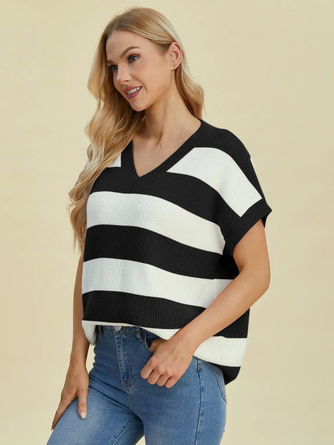Double Take Full Size Striped V Neck Short Sleeve Sweater for Women - Soft Knit Pullover Casual Top for Spring & Summer Outfits | Office Wear, Date Night, Weekend Brunch