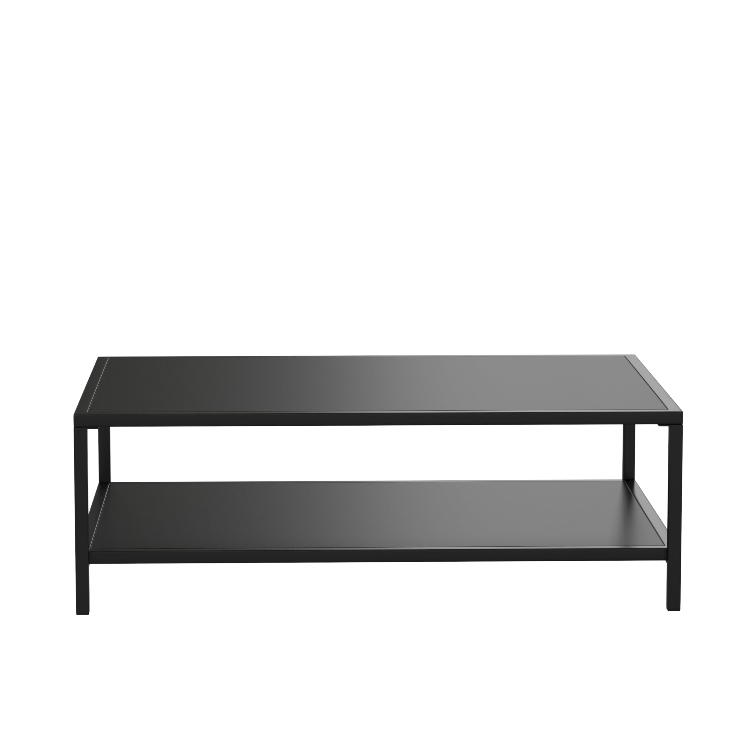 Black Steel Indoor/Outdoor Coffee Table with Lower Shelf - Modern Square Leg Frame for Living Room, Patio, Office or Restaurant - Durable Metal Side Table for Home & Commercial Use