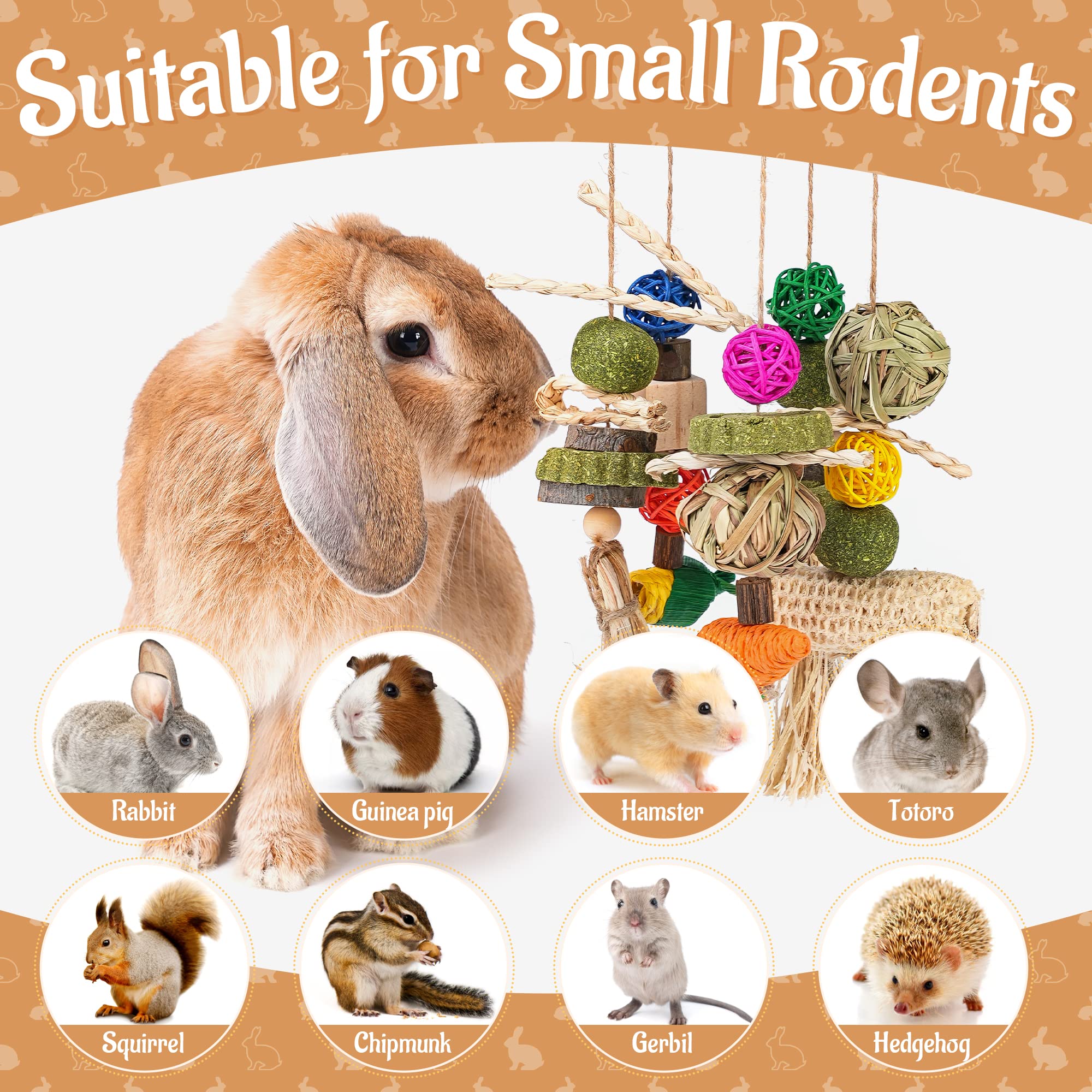 Natural Rattan Chew Toys for Rabbits, Guinea Pigs & Small Pets - Teeth Grinding Treats with Hanging Ring for Cage | Safe Bunny Chew Toys for Dental Health & Stress Relief - Perfect for Playtime & Cage Enrichment