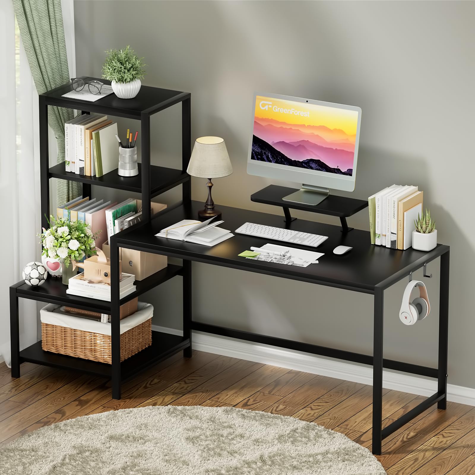 GreenForest 67-inch Computer Desk with Printer Shelf & Monitor Stand - Reversible Office Desk with 2 Hooks - Sturdy Home Workstation for Study, Writing, Working & Gaming (Black) - Perfect for Home Office, Dorm Room & Small Spaces