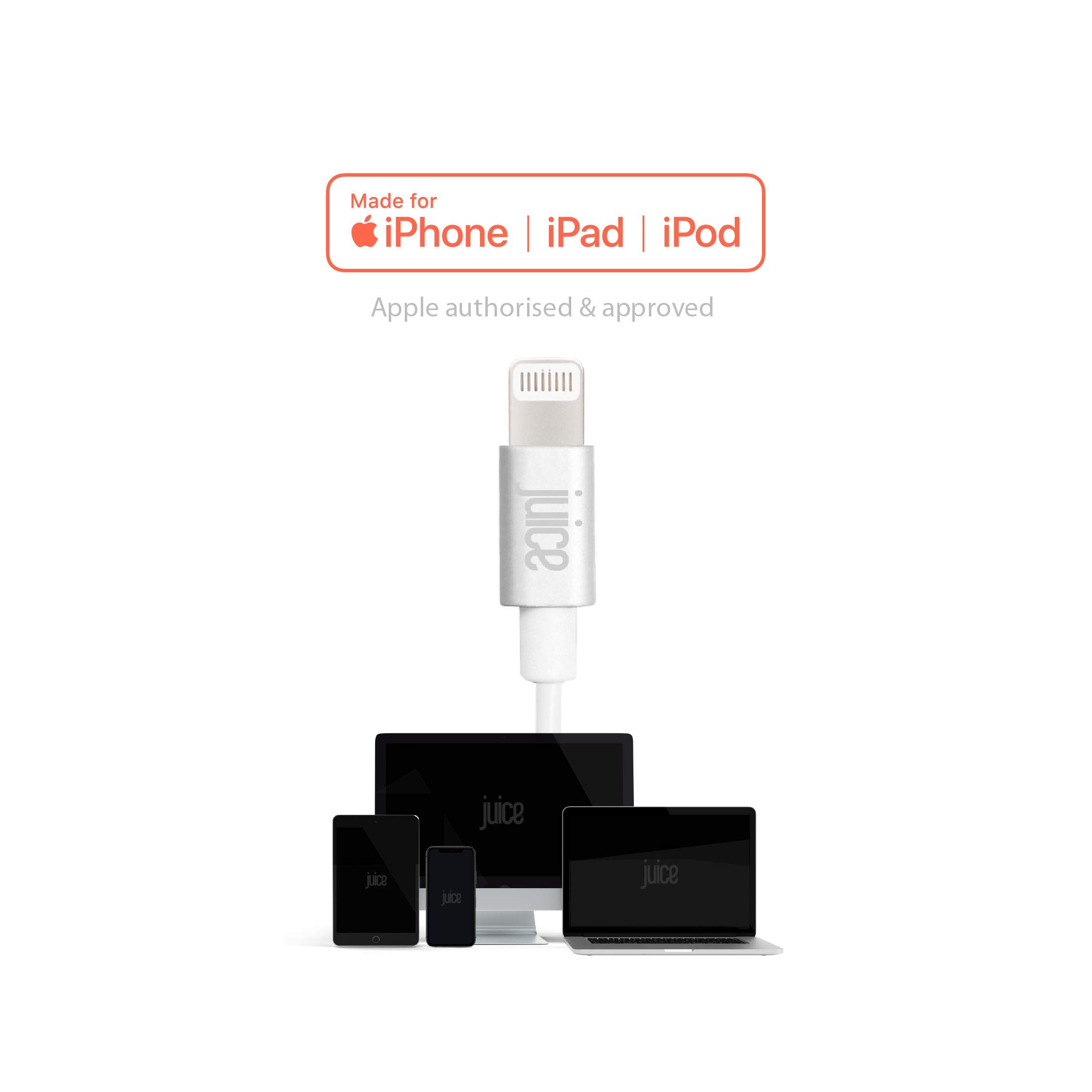 Juice XL 2m Apple Lightning Cable - MFI Certified USB to Lightning Charger for iPhone & iPad | Fast Charging, Durable & Long Cable (Coral) | Perfect for Home, Office & Travel Use