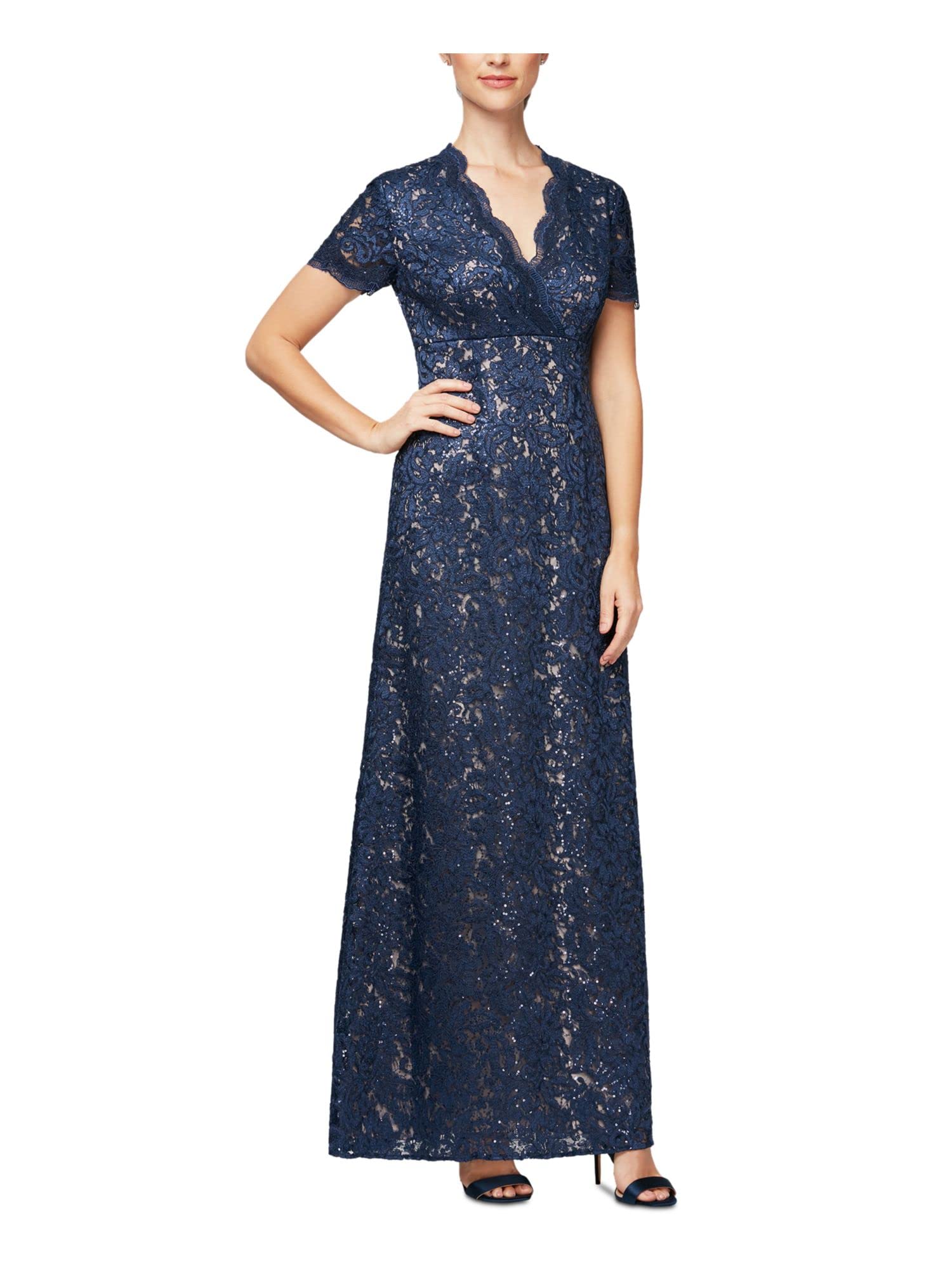 Alex Evenings Women's Long V-Neck Fit and Flare Lace Dress - Elegant Formal Gown for Evening Parties, Weddings & Special Occasions