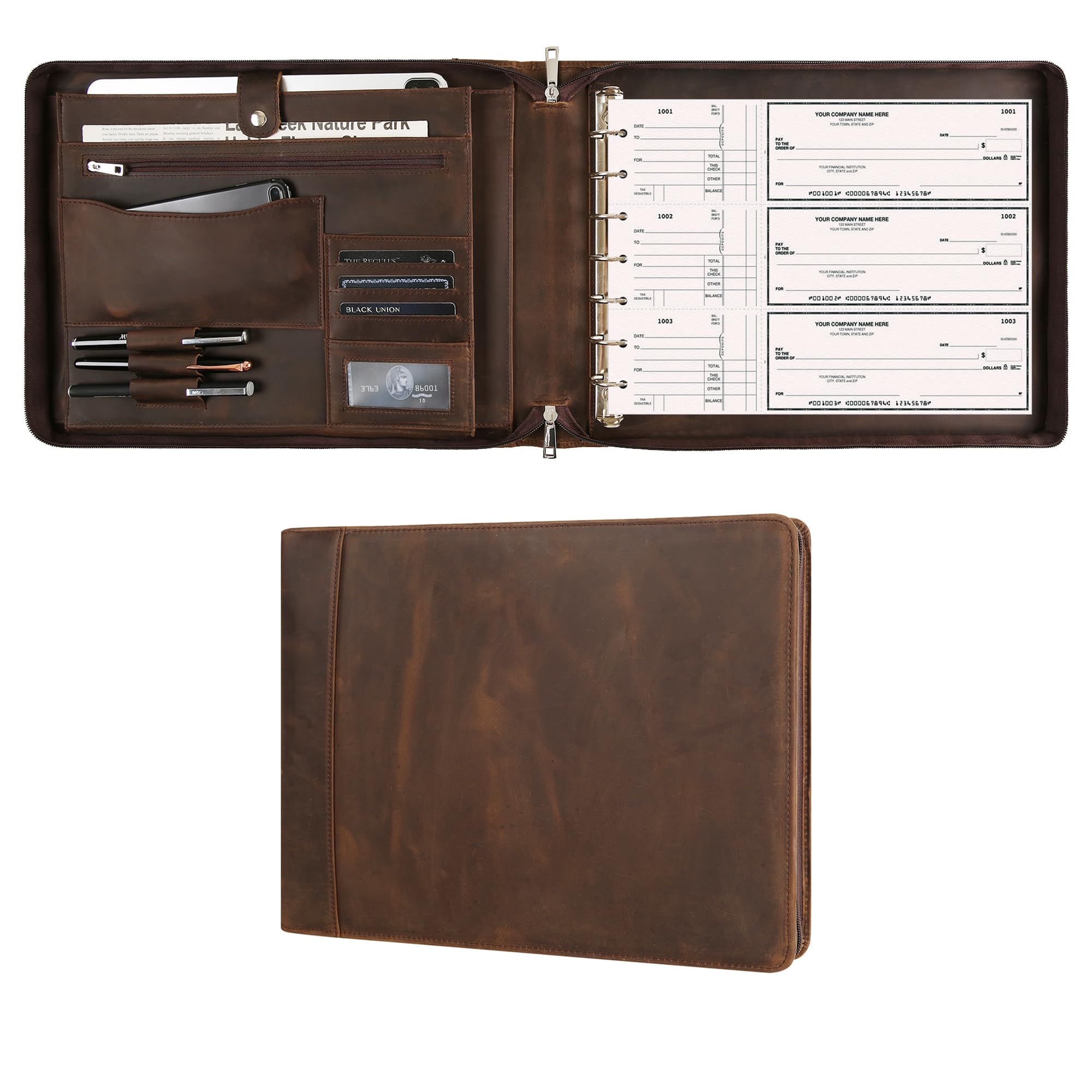 Premium Leather Business Checkbook Binder - 7-Ring Zippered Organizer with Checkbook Holder for 3 Per Page Checks, 600 Checks Capacity for 9x13 Inch Sheets, Dark Khaki - Ideal for Office, Accounting & Financial Management