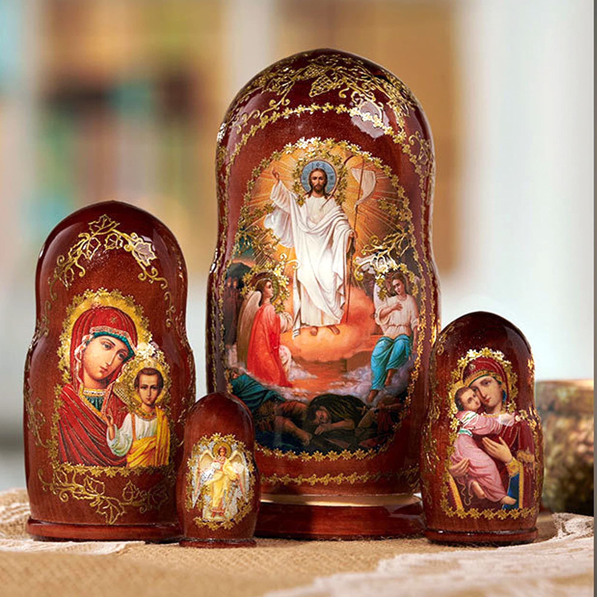 Russian Nesting Dolls Set - Resurrection of Christ, Virgin of Kazan & Vladimir Icons - 7 Inch Hand-Painted Religious Collectible Gift for Easter, Christmas & Home Decor