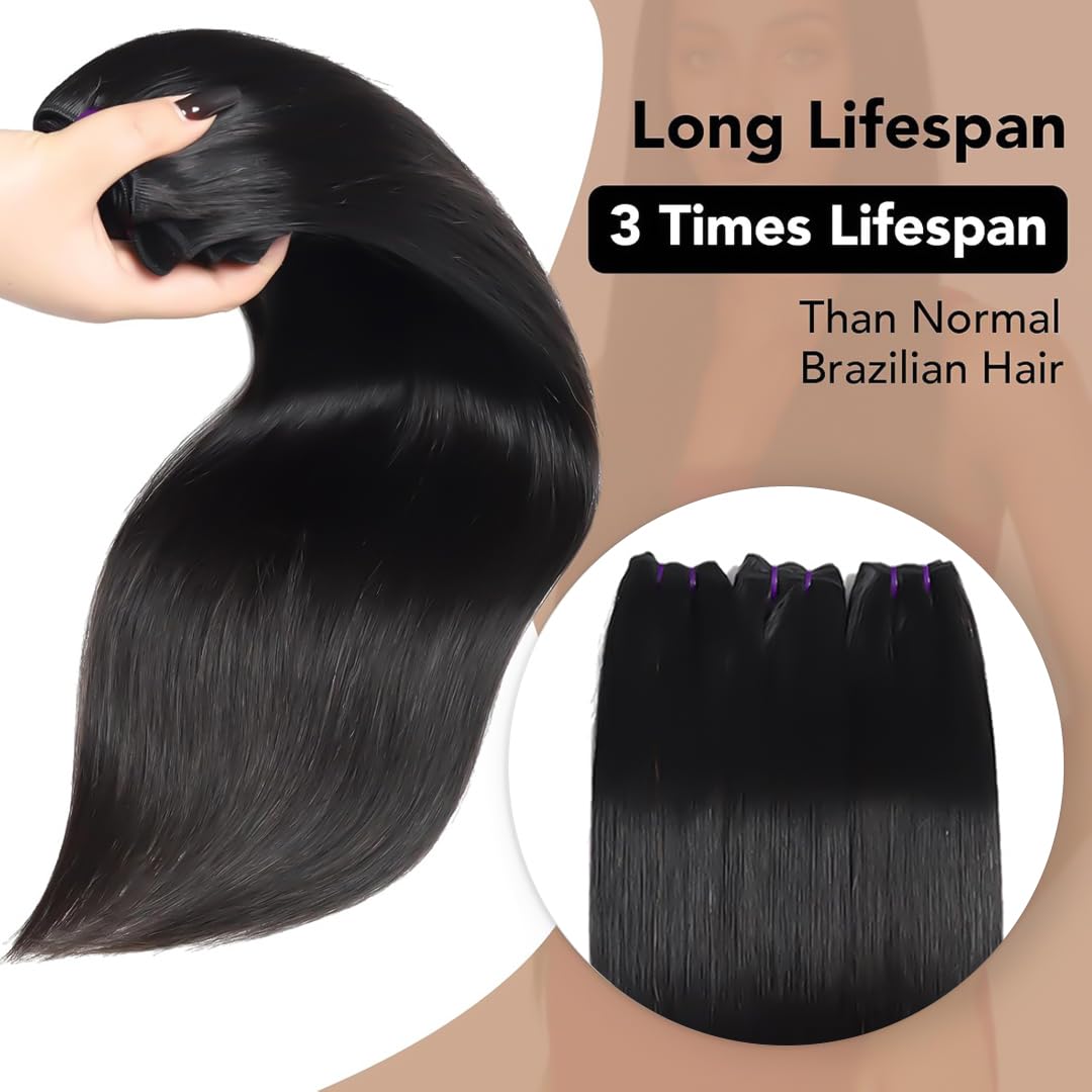 16A Straight 100% Unprocessed Brazilian Virgin Human Hair Bundles - 3 Raw Bundles NO.1 Quality (14/16/18 Inch) for Black Women | Natural Color | Perfect for Protective Styles, Weaves & Extensions