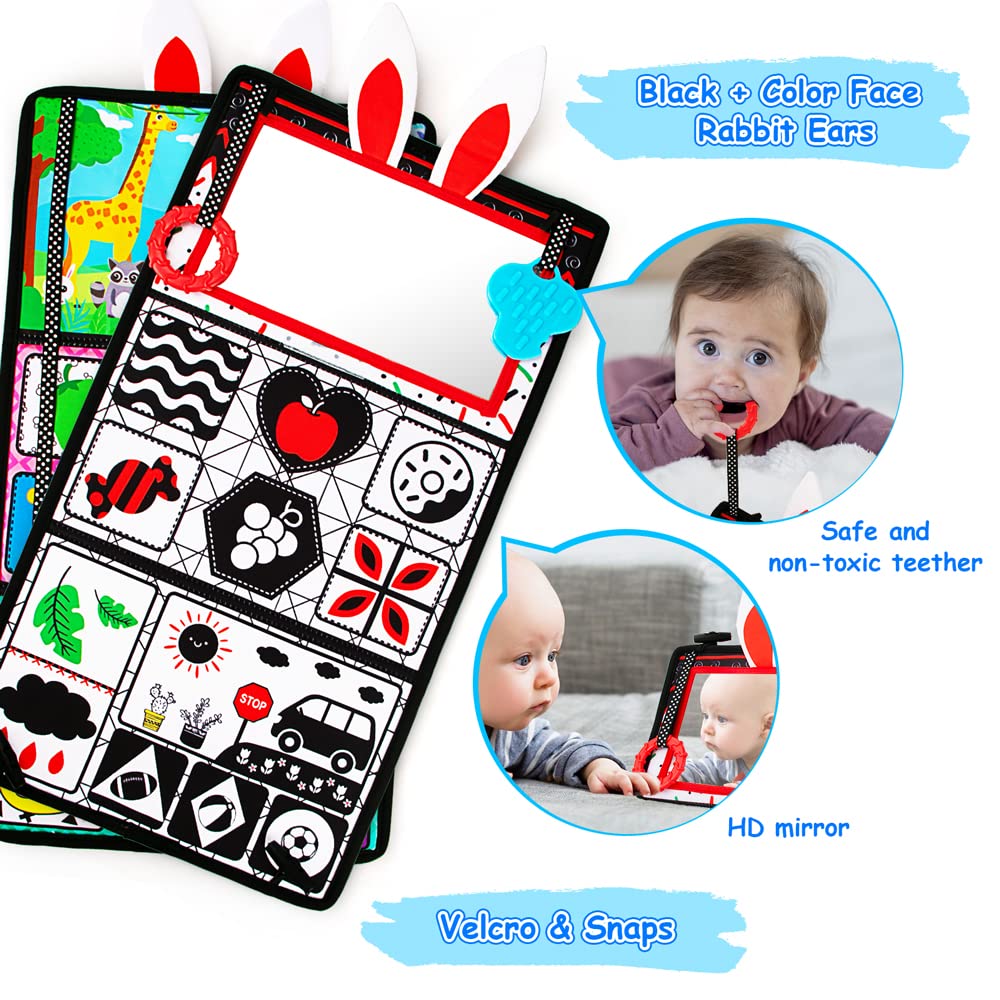Black and White High Contrast Baby Mirror Toy - Tummy Time Sensory Infant Toy for Newborns 0-6 Months | Brain Development & Texture Exploration | Tabletop Mount with Squeaker Piano | Perfect for Early Learning and Playtime Stimulation