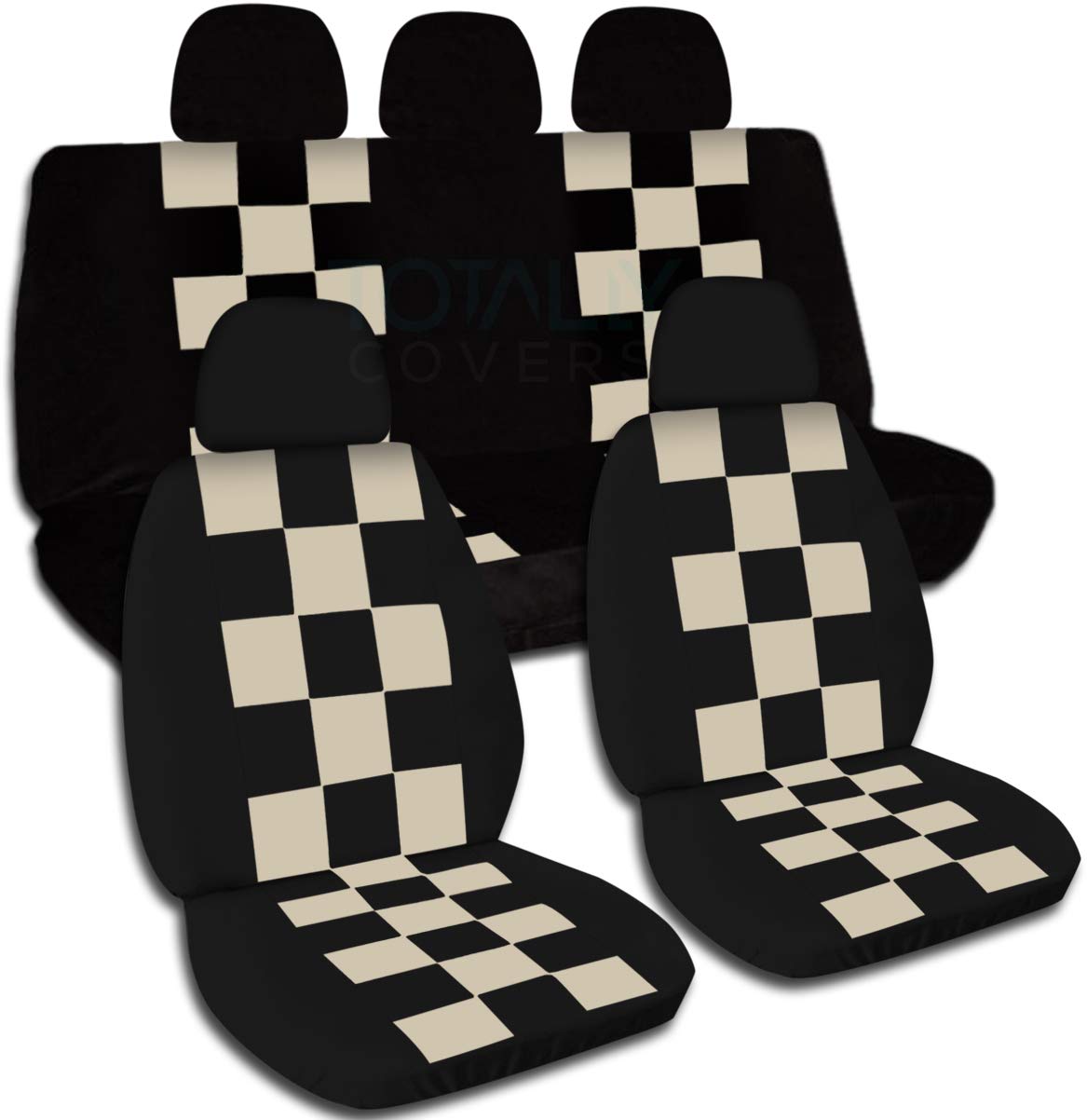 Checkered Car Seat Covers Full Set - Black & Sand Checkers with 5 Headrest Covers (2 Front + 3 Rear) - Semi-Custom Fit for Any Car, Truck, Van, RV or SUV - 21 Color Options | Perfect for Road Trips, Daily Commute & Vehicle Protection