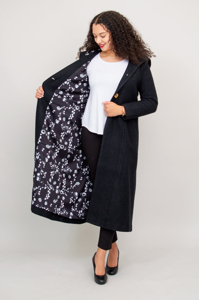 Premium Black Boiled Wool Catherine Coat for Women - Elegant Winter Outerwear for Office, Travel & Special Occasions