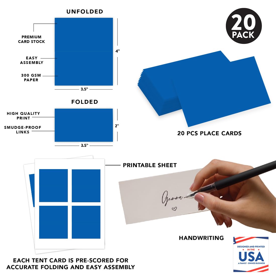 Royal Blue Printable Table Tent Place Cards - 20-Pack for Weddings, Baby Showers & Graduations | Elegant Seat Placement Name Cards for Dining Events, Buffets & Formal Table Settings