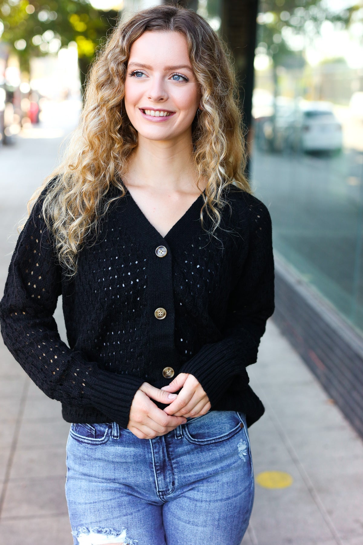Stylish Black Pointelle Knit Button Down Cardigan for Women | Elegant Lace Knit Sweater | Perfect for Office, Date Night & Fall Layering