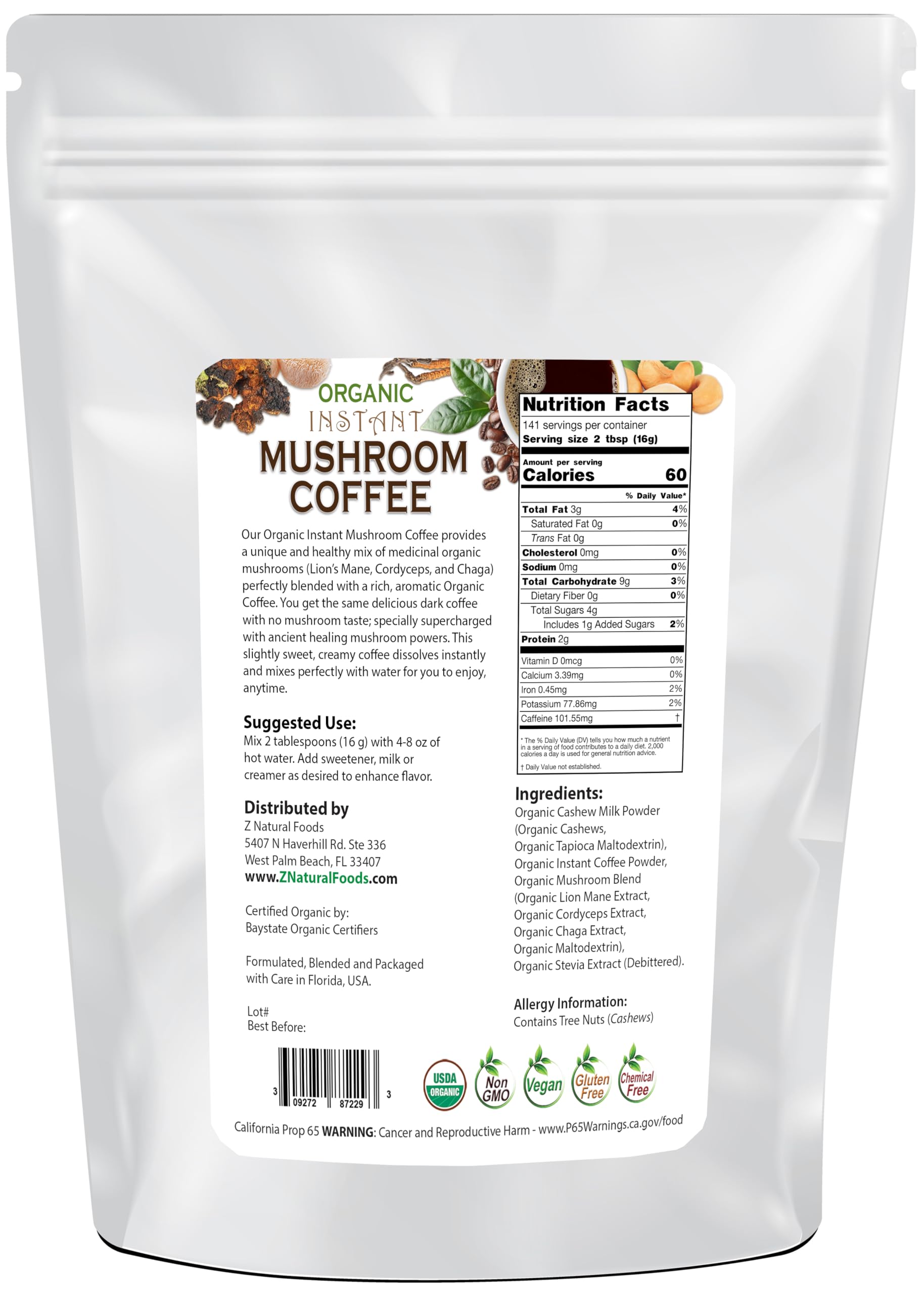Organic Mushroom Coffee Bulk 5 lb - Instant Superfood Blend with Lion’s Mane, Cordyceps & Chaga - Lightly Sweetened with Cashew Milk & Stevia - Vegan, Gluten-Free, Keto-Friendly - Boost Focus & Energy for Workouts & Mornings