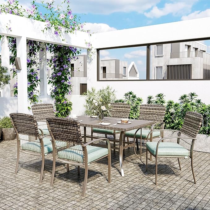 7-Piece Pamapic Patio Dining Set - Outdoor Wicker Furniture with Iron Slat Table & Removable Green Cushions for Backyard, Garden, Deck, Poolside | Perfect for Outdoor Entertaining & Al Fresco Dining