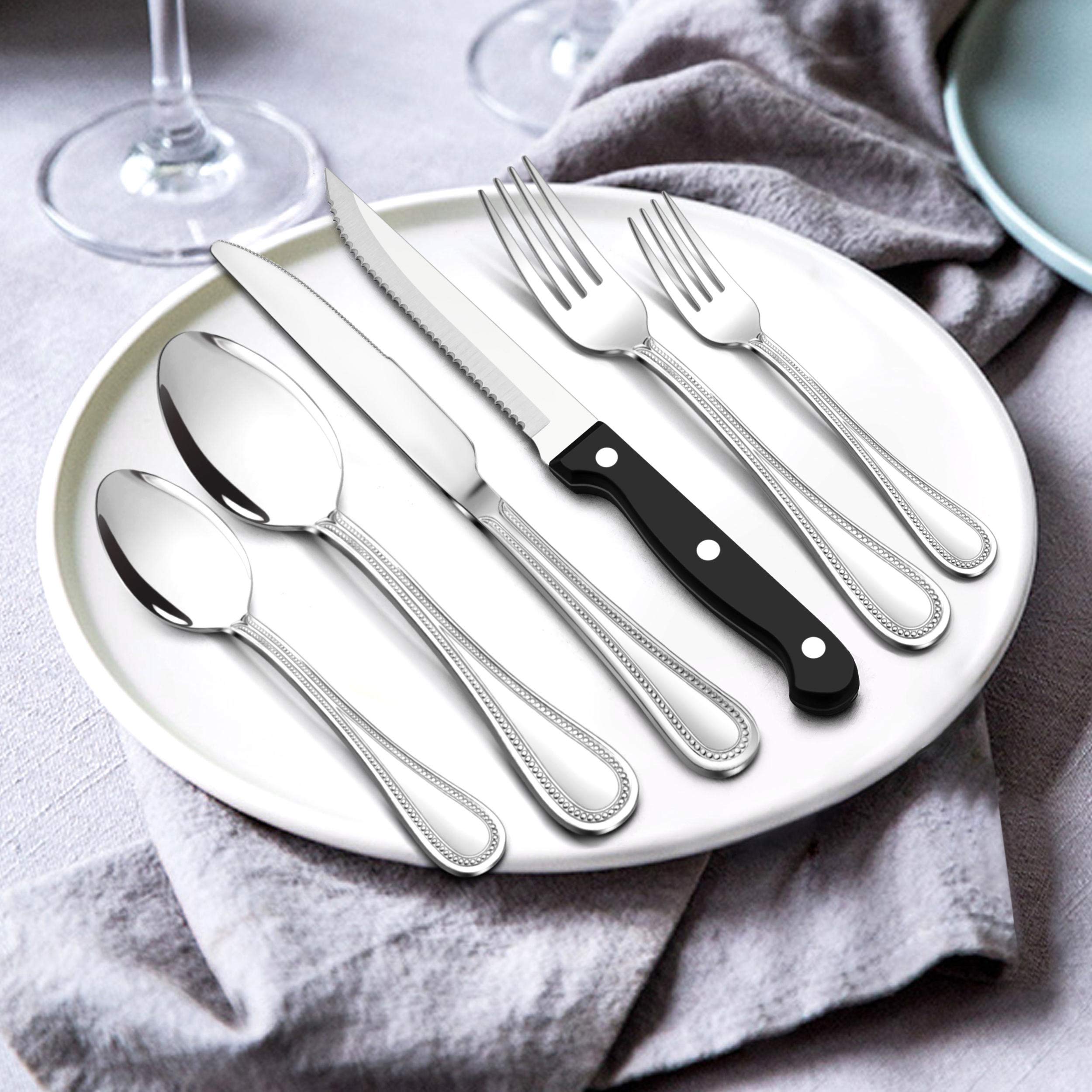 24-Piece Stainless Steel Silverware Set with Steak Knives for 4 - Elegant Beaded Edge Flatware Cutlery Set for Kitchen, Restaurant & Hotel - Dishwasher Safe Tableware for Fine Dining, Dinner Parties & Everyday Use