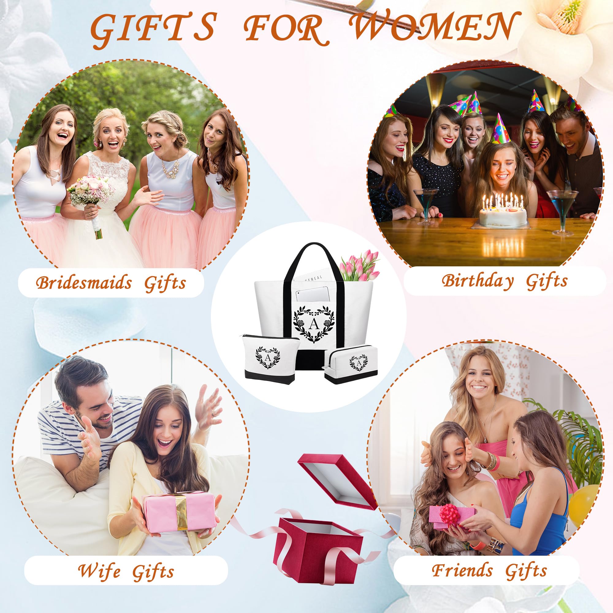 YOOLIFE Personalized Initial Tote Bag & Makeup Bag Set - Christmas Birthday Gifts for Women, Mom, Teacher, Friend, Daughter | Perfect for Travel, Work, School & Everyday Use