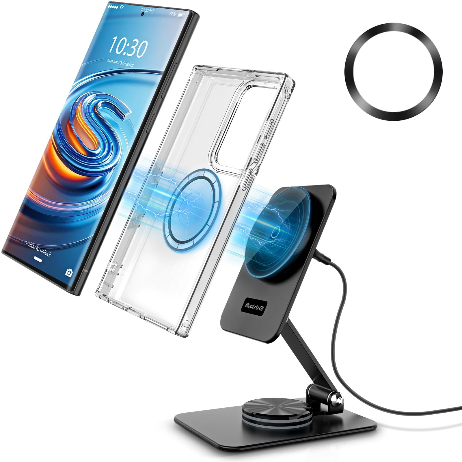 15W MagSafe Charger Stand with 360° Rotation - Foldable Wireless Charger for iPhone 16 Pro Max & Samsung Galaxy S25 Ultra | Travel-Friendly Magnetic Charging Station with Metal Ring | Perfect for Home, Office & Car Use