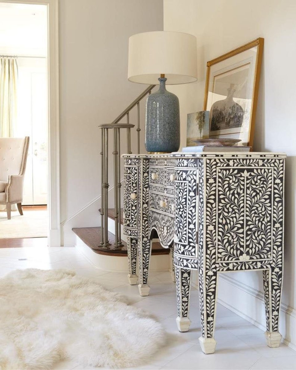 Handmade Bone Inlay Luxury Sideboard Buffet Table - Black - Perfect for Dining Room, Living Room, or Entryway Storage & Decor
