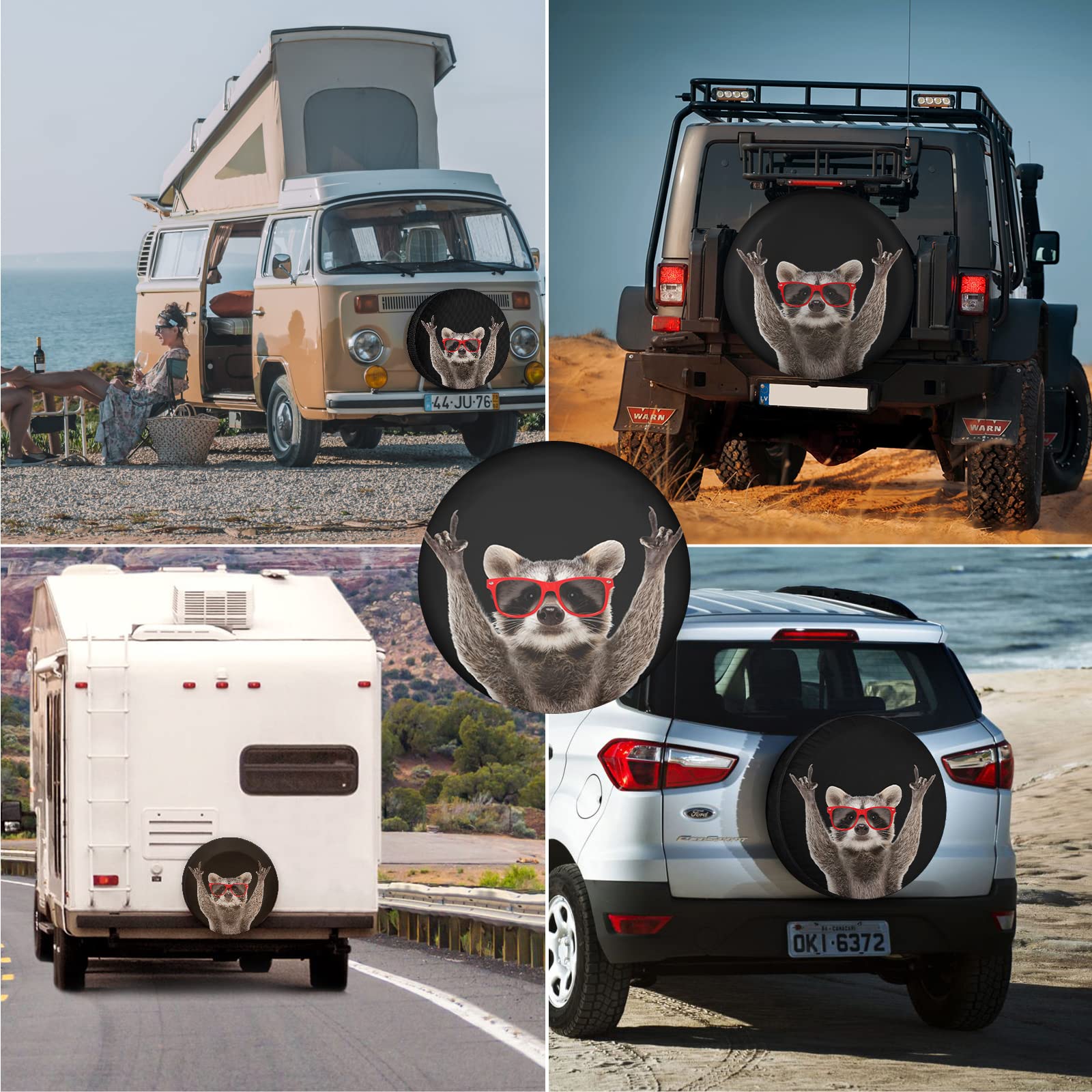 Universal Waterproof Spare Tire Cover with Raccoon Design - Sun Protection for Trailers, RVs, SUVs, Trucks & Campers - Fits 14 Inch Wheels - Perfect for Road Trips & Outdoor Adventures
