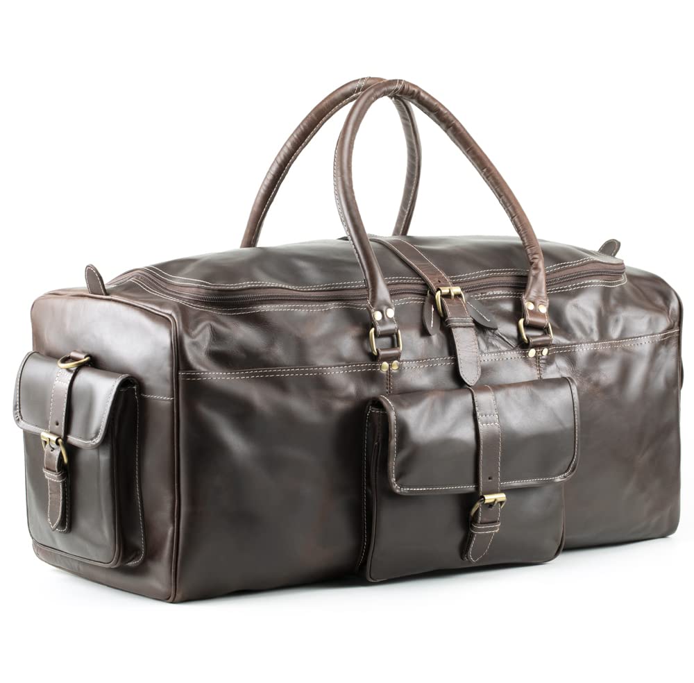 Premium Buffalo Leather Duffle Bag for Men - 24 Inch Large Travel Weekender Bag | Genuine Top Grain Leather Carry-On Luggage | Vintage Style Gym & Sports Overnight Holdall | Perfect Gift for Business Travel, Gym Workouts & Weekend Getaways