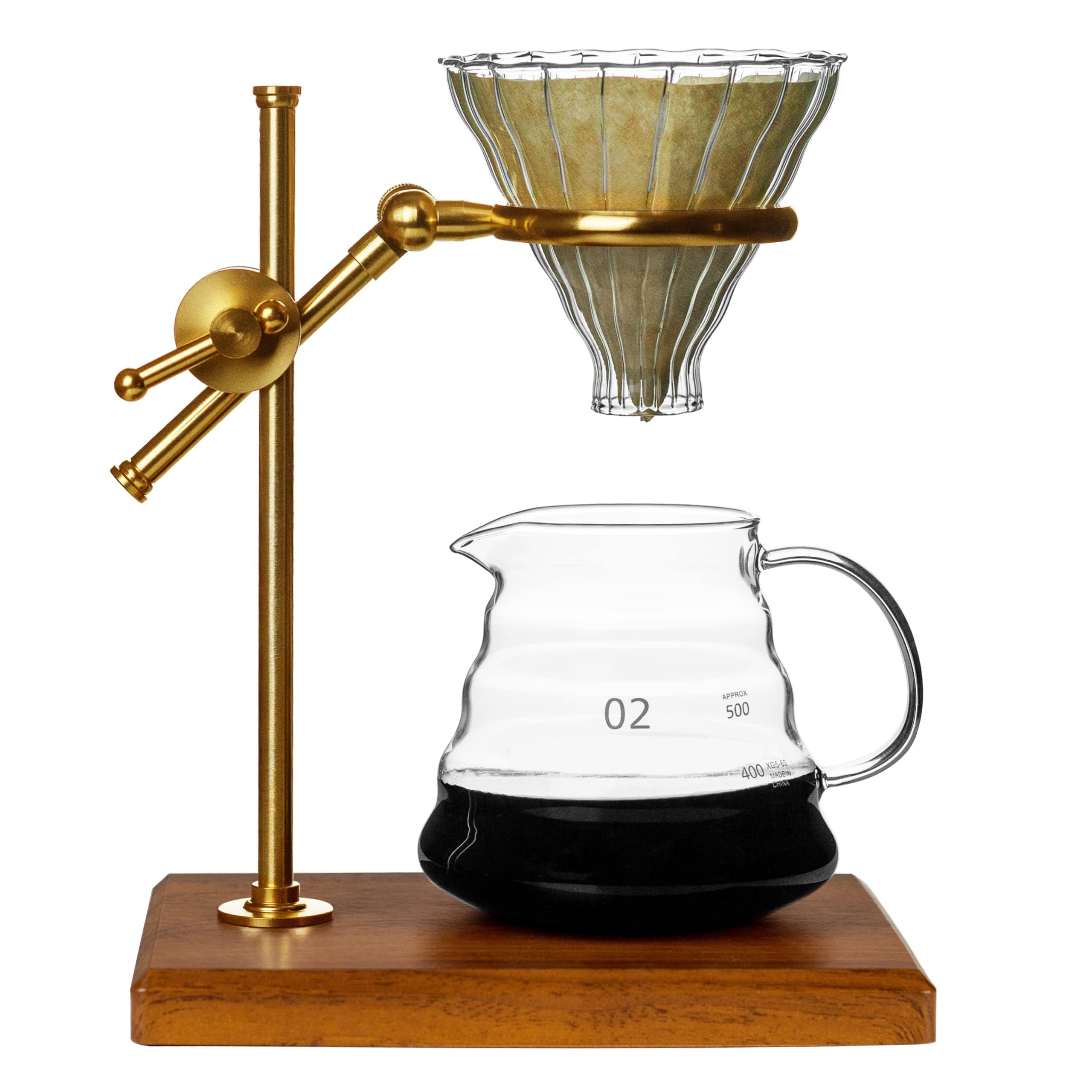Premium Pour Over Coffee Maker Set - Adjustable Stainless Steel Stand with Wooden Base, Glass Carafe & Paper Filters | Ideal for Home Brewing, Office Use & Specialty Coffee Lovers