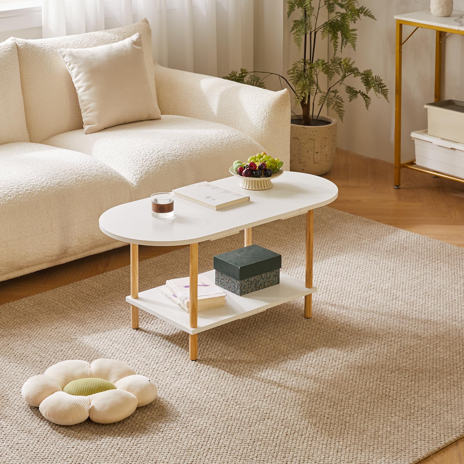 White Oval Coffee Table - Small Wooden 2-Tier Center Table with Splicing Design (35x16x17 Inches) for Living Room, Compact Spaces & Small Apartments - Perfect for Holding Drinks, Books & Decor