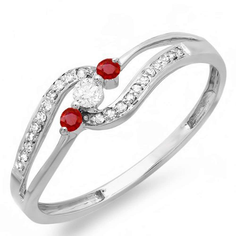 Dazzlingrock Collection 14K Solid White Gold Round Ruby & White Diamond 3-Stone Women's Engagement Promise Ring - Perfect for Proposals, Anniversaries & Special Occasions