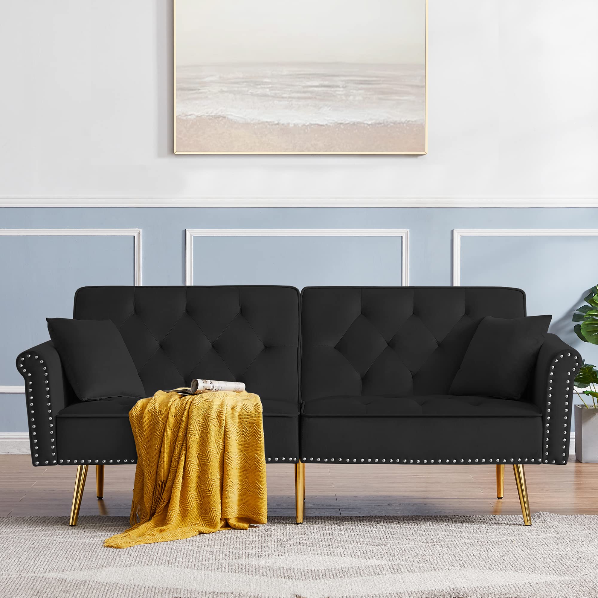 Kevinplus Velvet Loveseat Sofa Bed - Modern Convertible Folding Tufted 2-Seater Sleeper Couch with 2 Pillows (Black) | Space-Saving Futon for Small Apartments, Dorms, Living Rooms & Bedrooms | Perfect for Guest Sleeping, Lounging & Compact Spaces