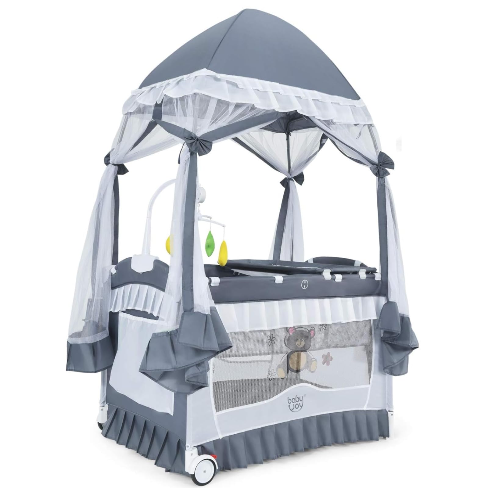 BABY JOY 4-in-1 Portable Playard with Canopy & Bassinet - Foldable Baby Crib with Wheels & Brake for Newborn to Toddler - Perfect for Nursery, Travel & Indoor/Outdoor Play