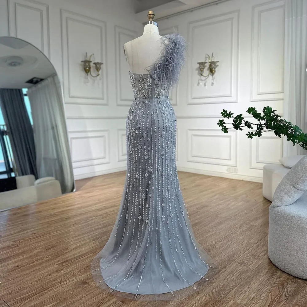 Elegant Gray Mermaid One Shoulder Beaded Feather Evening Gown for Women - High Slit Luxury Party Dress for Prom, Gala & Special Occasions - Serene Hill Collection LA72347