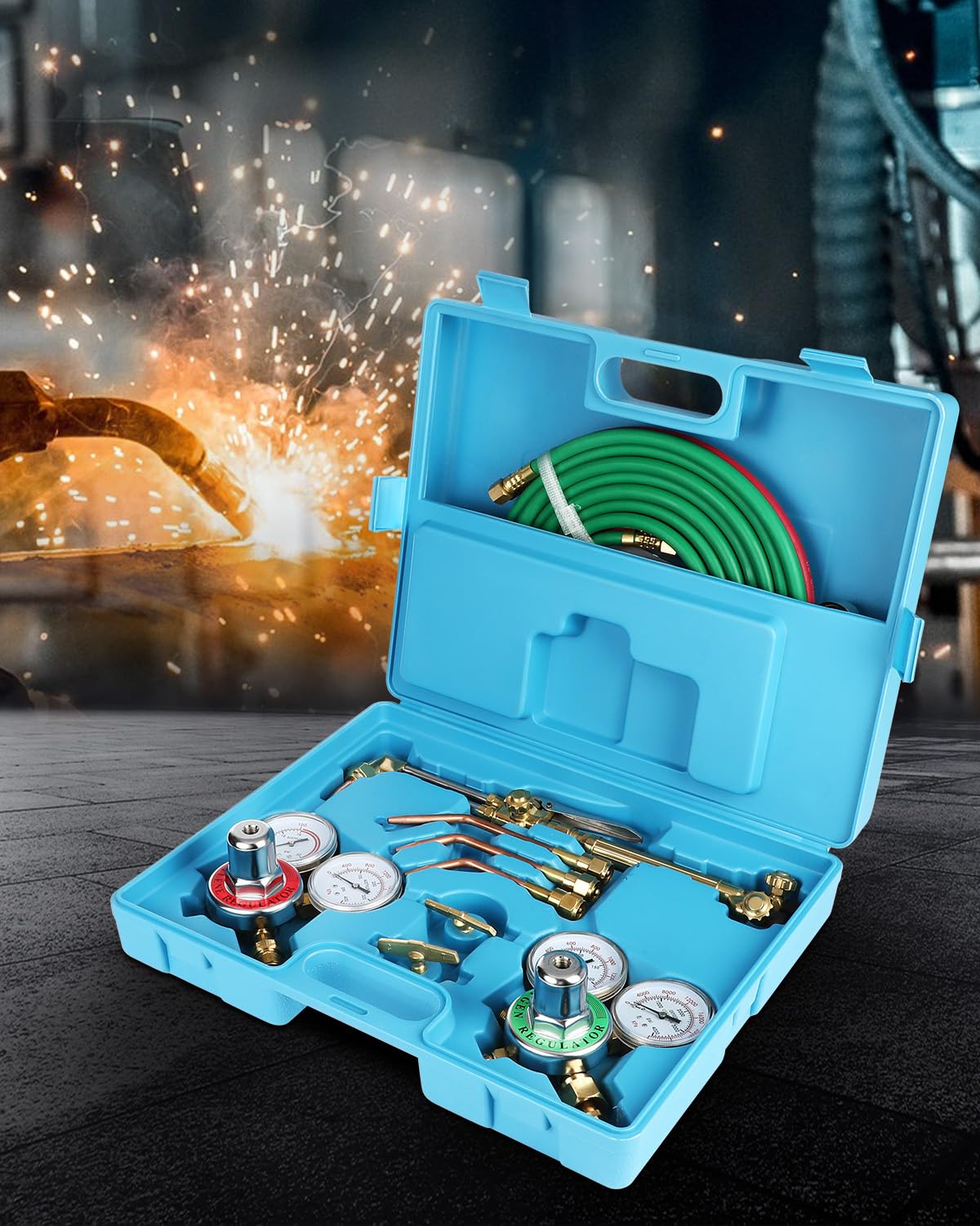 Professional Oxy Acetylene Torch Kit with Regulator Gauges & Safety Goggles - Portable Oxygen Cutting & Welding Torch Set for Metal Fabrication, Brazing, and Repair Work - Includes Two Hoses in Durable Blue Case