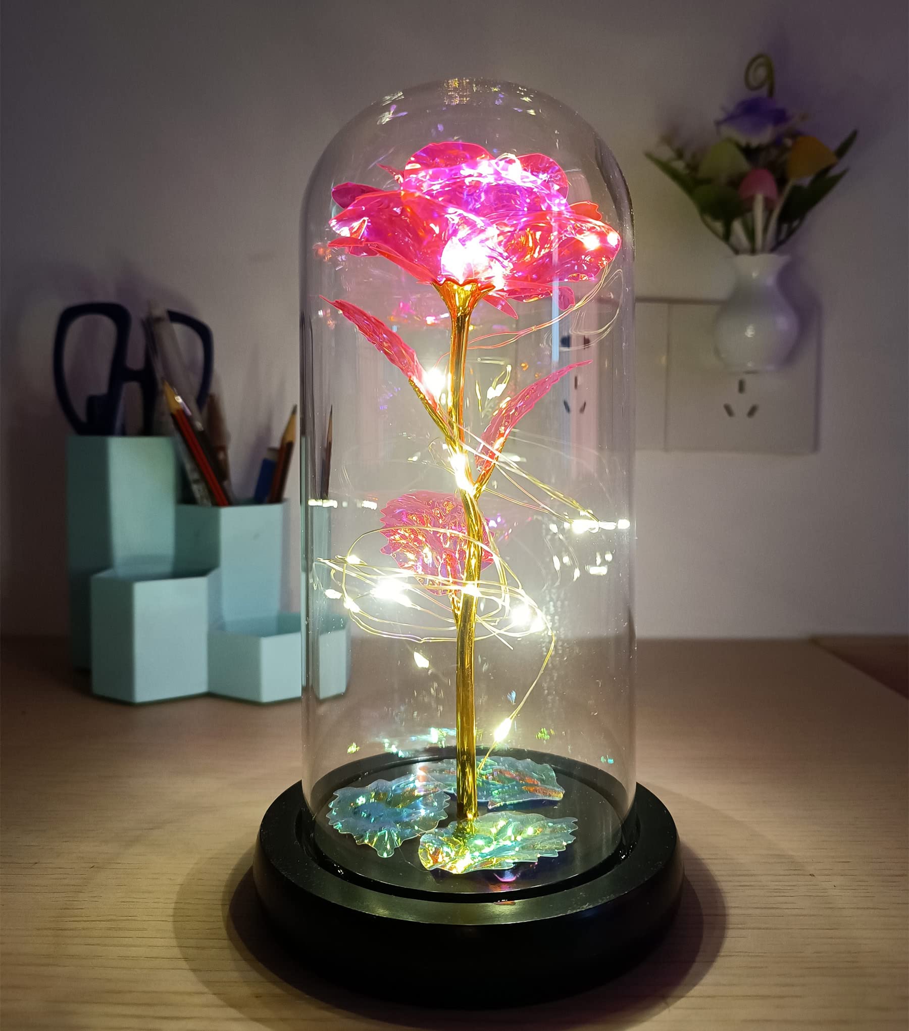 Romantic Valentine's Day Gifts for Her - Pink Rose in Glass Dome with LED Lights, Unique Birthday Anniversary Present for Wife, Girlfriend, Mom | Perfect for Bedroom Decor, Wedding Centerpiece & Special Occasion Gift Giving