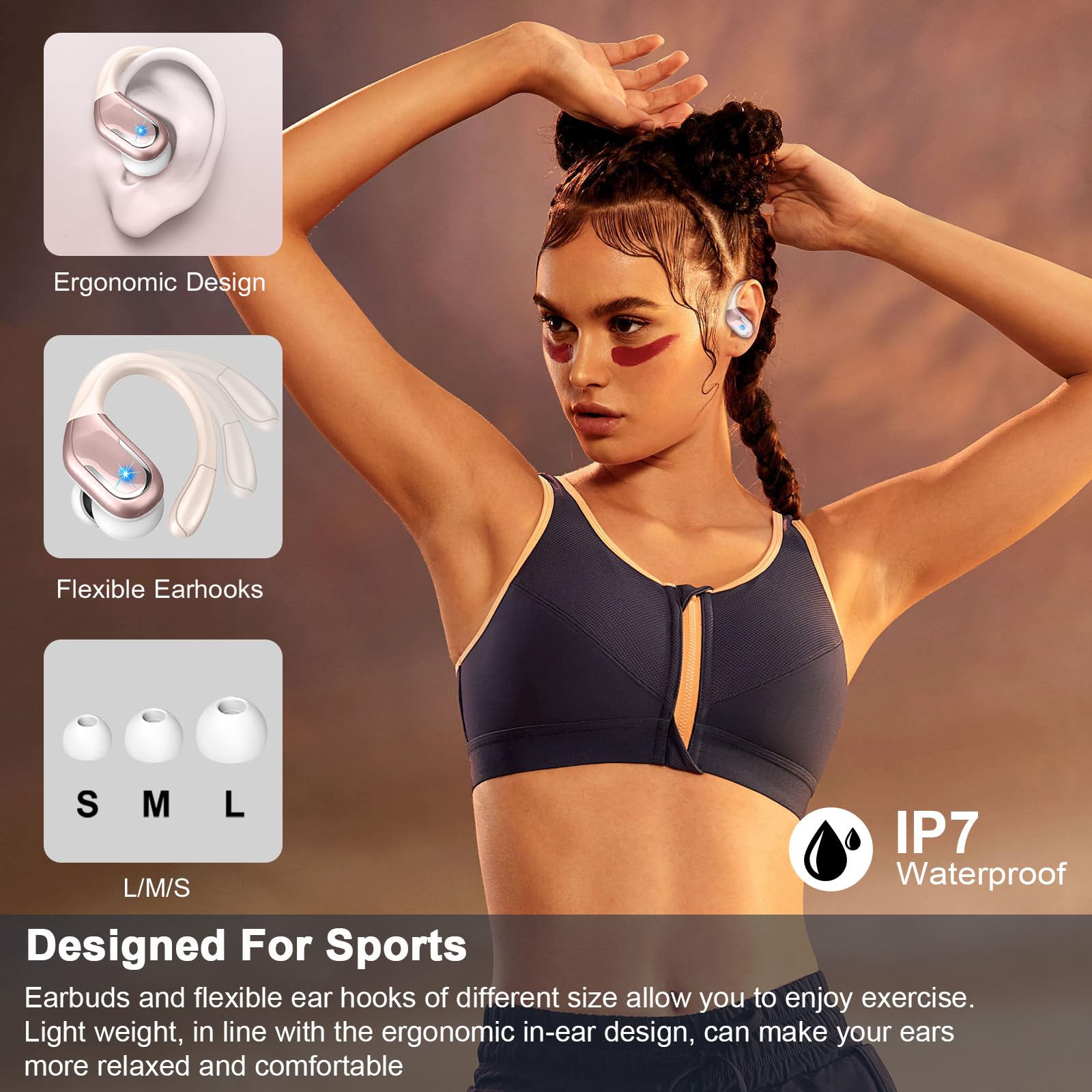 2024 Wireless Bluetooth 5.4 Earbuds with 75H Playtime, 4 ENC Mic & Noise Cancelling - IP7 Waterproof Sport Headphones for Running, Workout & Gym | Secure Earhooks Design for Active Lifestyle