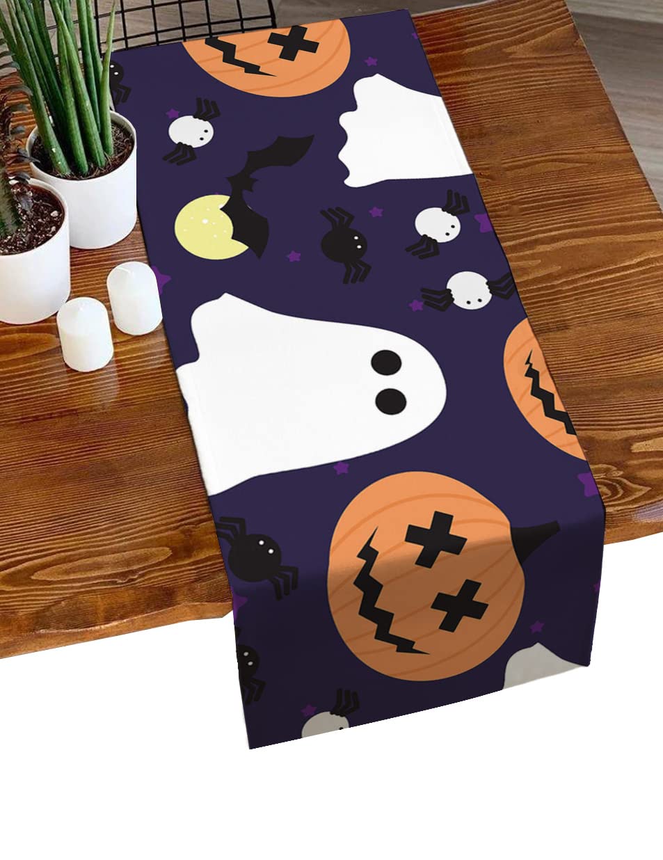 Halloween Pumpkin Bat Ghost Table Runner - 13x36 Inch Purple Orange Yellow Holiday Table Decor for Dinner, Kitchen, Parties & Weddings | Perfect for Spooky Decor, Fall Gatherings & Themed Events