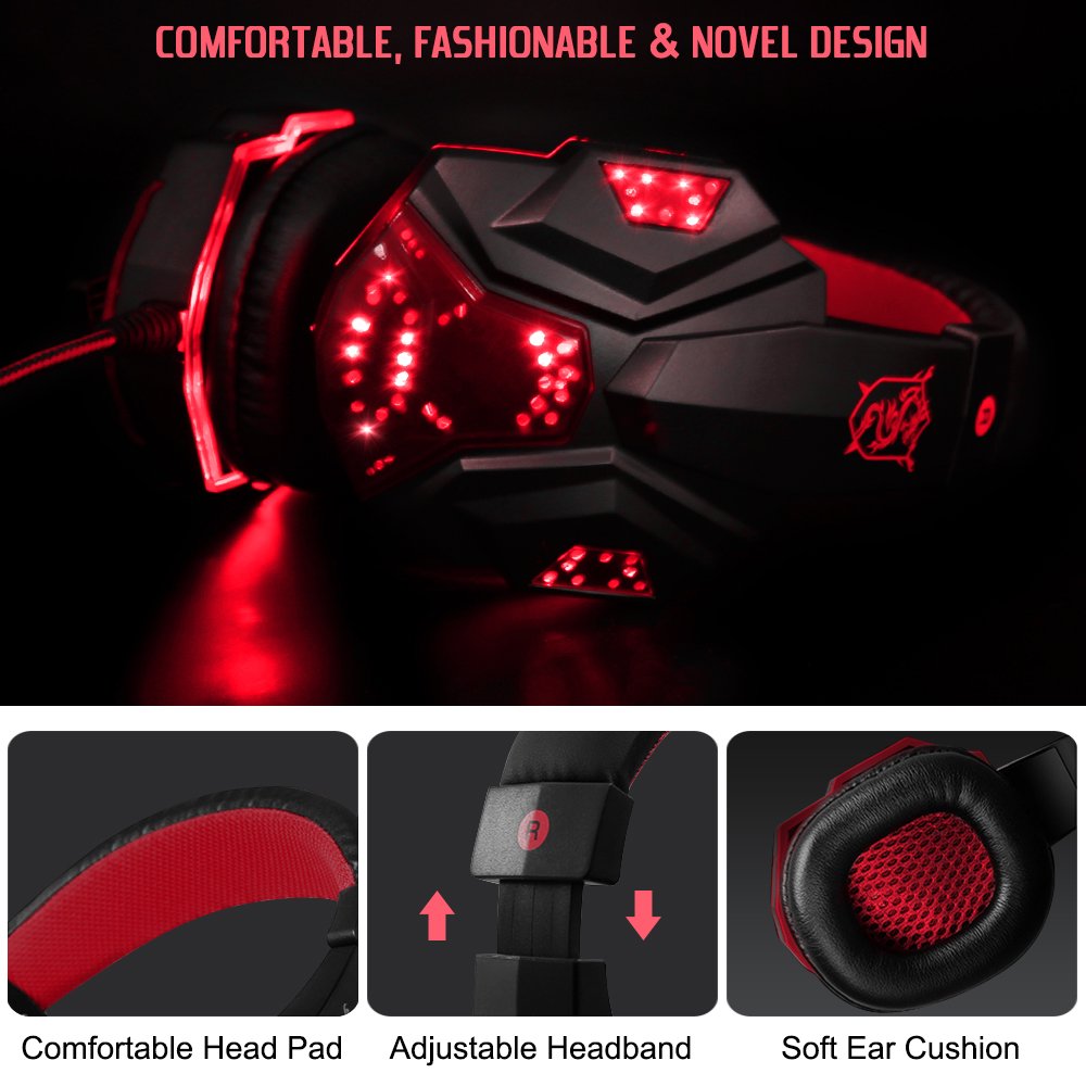 DLAND 3.5mm Wired Gaming Headset with Microphone & LED Lights for PC, Laptop, PS4, Xbox One - Noise Isolation, Volume Control (Black/Red) - Perfect for Gaming, Streaming & Online Meetings
