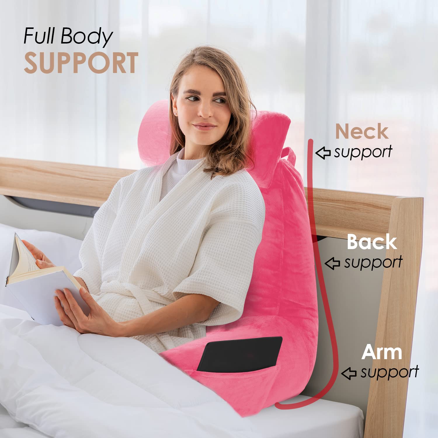 Nestl Large Reading Pillow with Shredded Memory Foam - Back Support Pillow for Sitting in Bed, Armchair or Sofa - Light Pink Bed Rest Pillow with Pockets - Perfect for Reading, Watching TV, or Relaxing in Bed