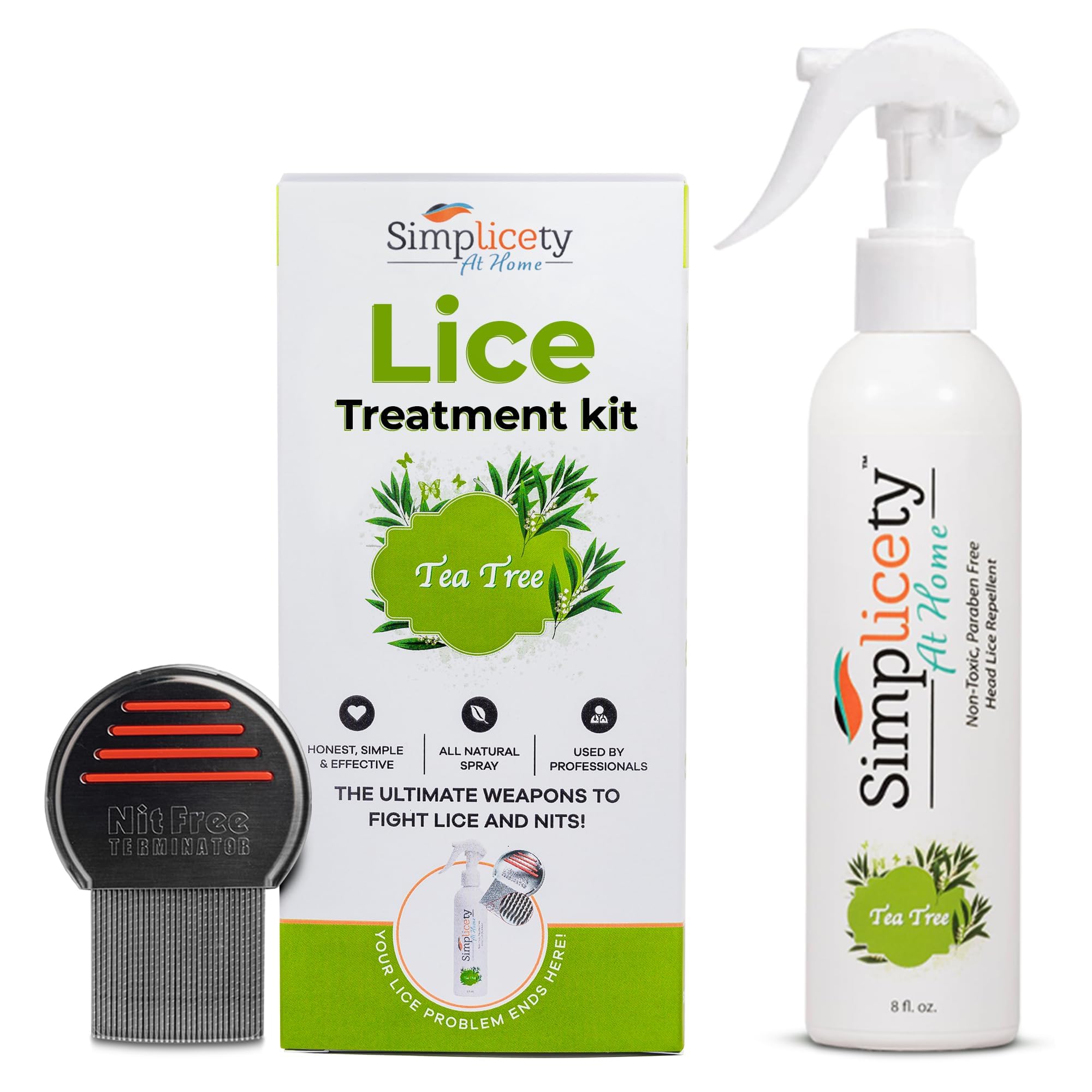 SIMPLICETY® Natural Head Lice Treatment Kit for Kids - 8oz Tea Tree Oil Lice Spray & Metal Nit Comb - Non-Toxic, Chemical-Free Solution for All Hair Types - Effective Lice Removal for School, Camp & Home Use