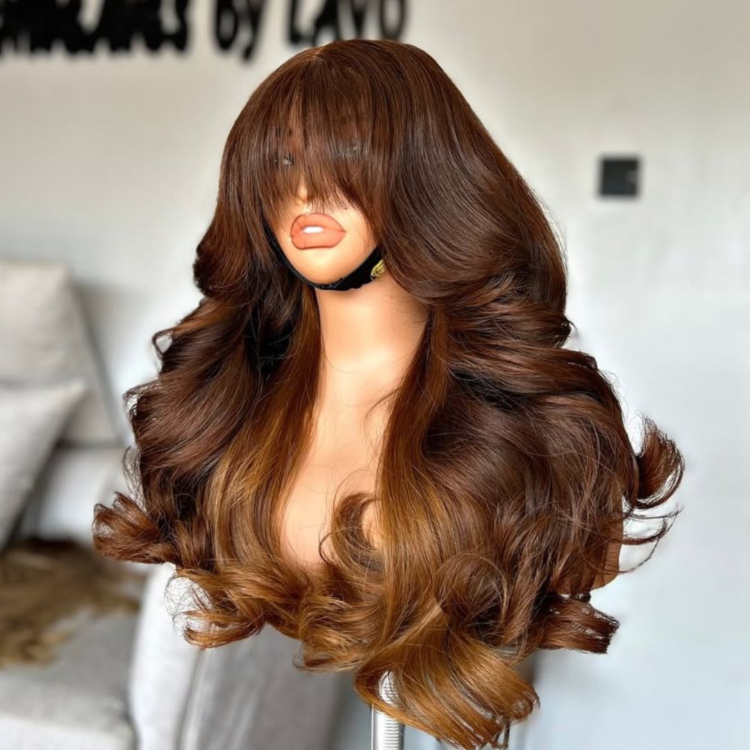 Eullair 13x4 Lace Front Wig - Two Tone Blonde Human Hair Loose Wave with Bangs & Pre-Plucked Hairline | Perfect for Cosplay, Daily Wear & Special Occasions