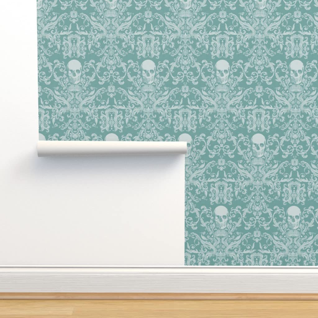 Removable Wallpaper 9ft x 2ft - Gothic Skull & Bones Damask Pattern on Light Blue Background | Halloween Pirate Theme | Peel & Stick Wallpaper by Spoonflower | Perfect for Bedroom Accent Walls, Halloween Party Decor, and Home Office Makeover