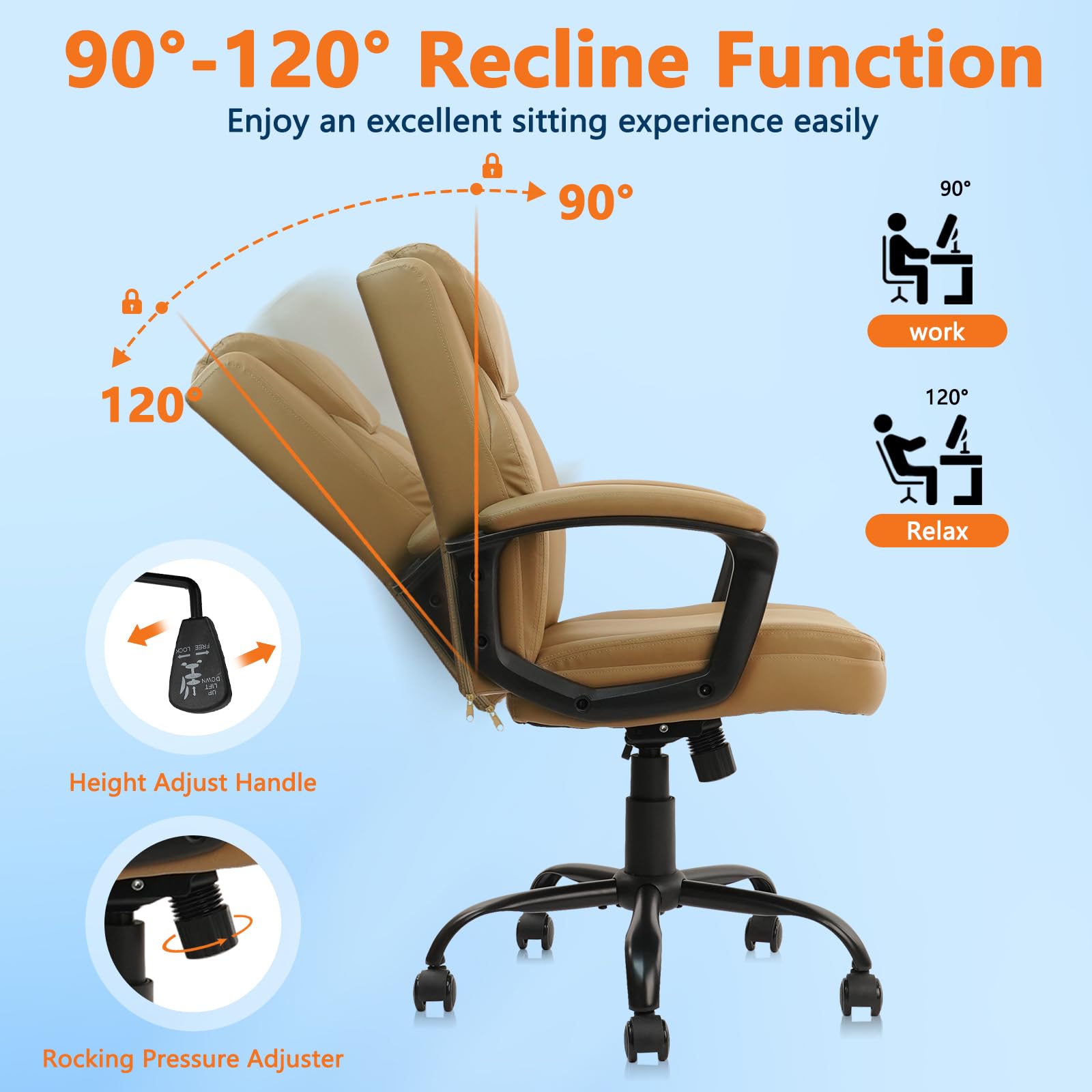 CLATINA Brown PU Leather Executive Office Chair - Adjustable Height, Swivel, Mid-Back with Thick Cushion & Fixed Armrests - 4 Pack Set for Home Office, Gaming & Workspace (Brown)