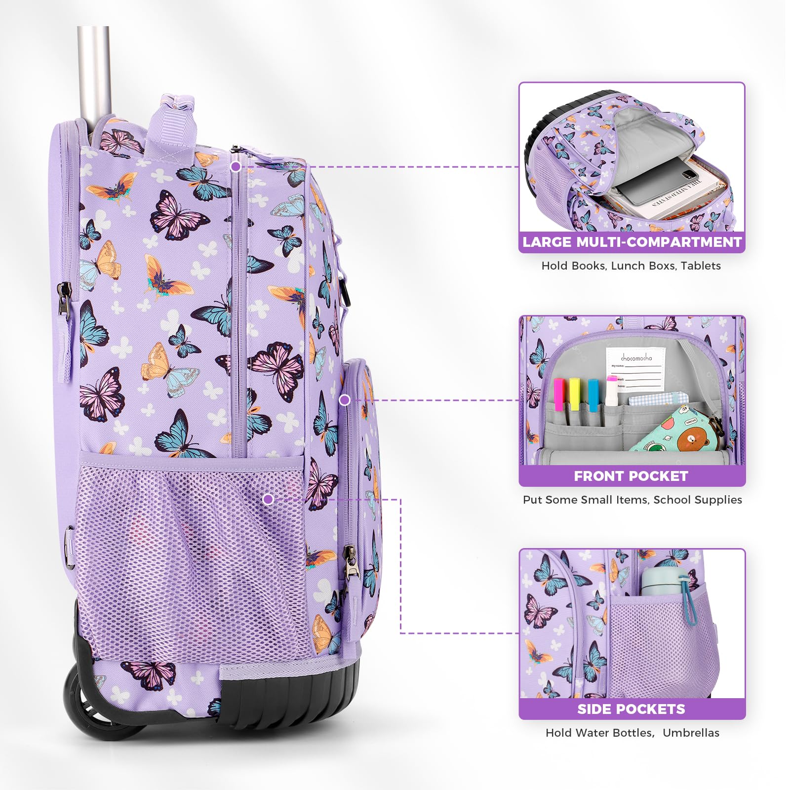 Choco Mocha 18 Inch Rolling Backpack for Girls - Kids Travel Roller Bookbag with Wheels & Matching Lunch Bag Set - Leopard Cheetah Pink Print - Perfect for Elementary School, Airplane Travel & Daily Commute