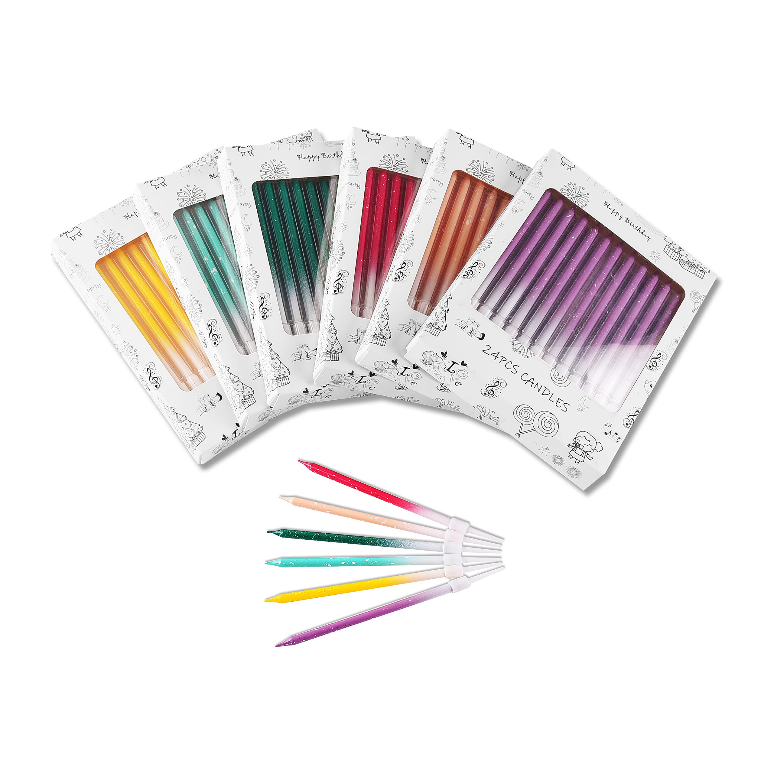 Gradient Birthday Cake Candles with Gold Glitter - 24pcs for Kids Parties