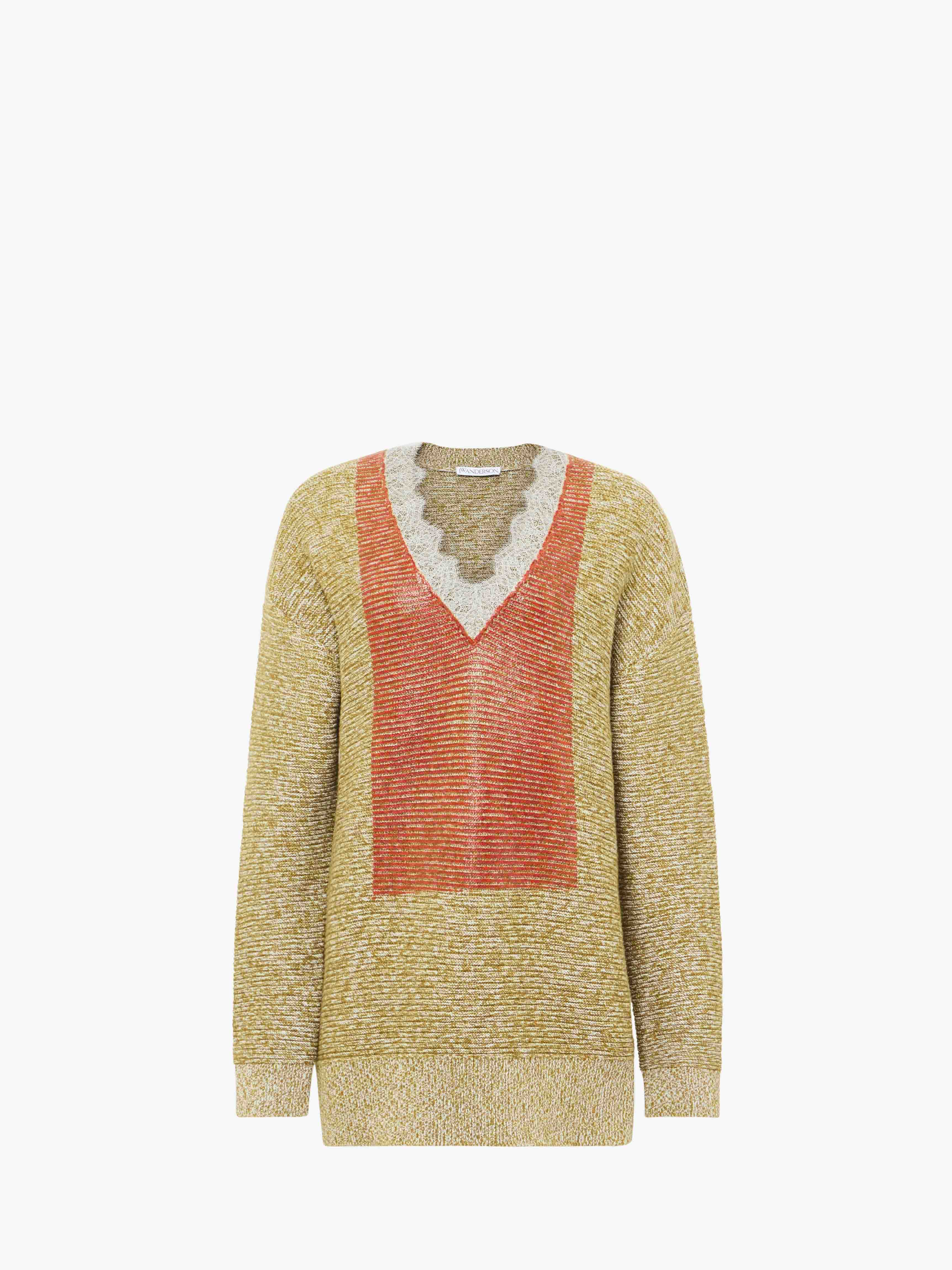 Lace Trim V-Neck Jumper Sweater for Women - Cobblestone & Red | Soft Knit Pullover for Casual Wear, Office, and Date Nights